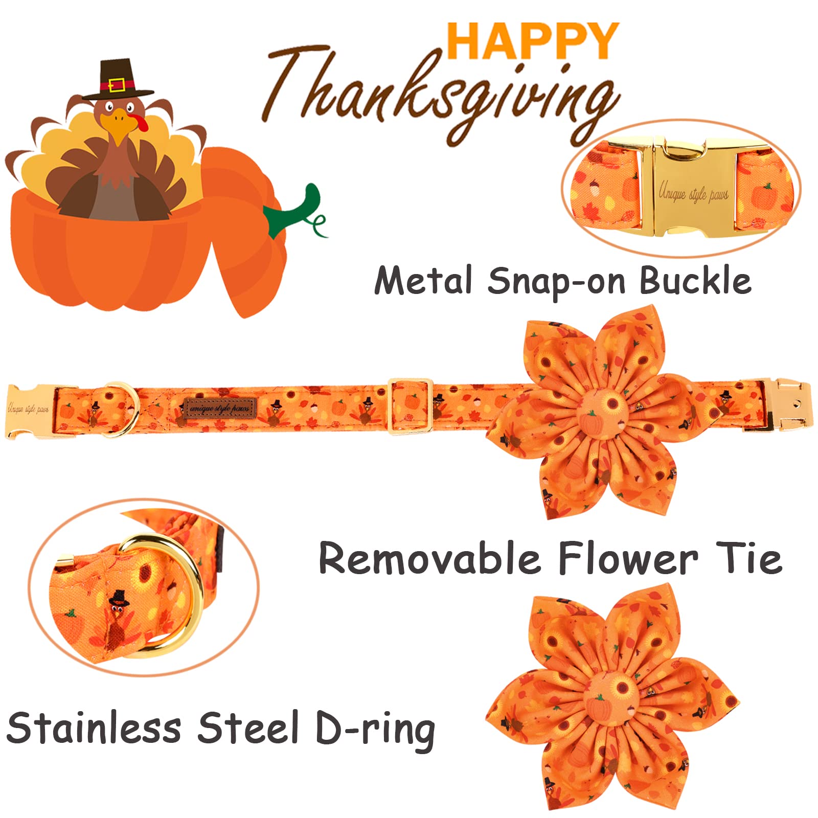 Unique Style Paws Halloween& Dog Collar With Flower Tie Pumpkin Cotton Collar Adjustable Puppy Collar Best Thanksgiving Gift For Small Medium Large Dogs-Turkey & Pumpkin Theme-Xl