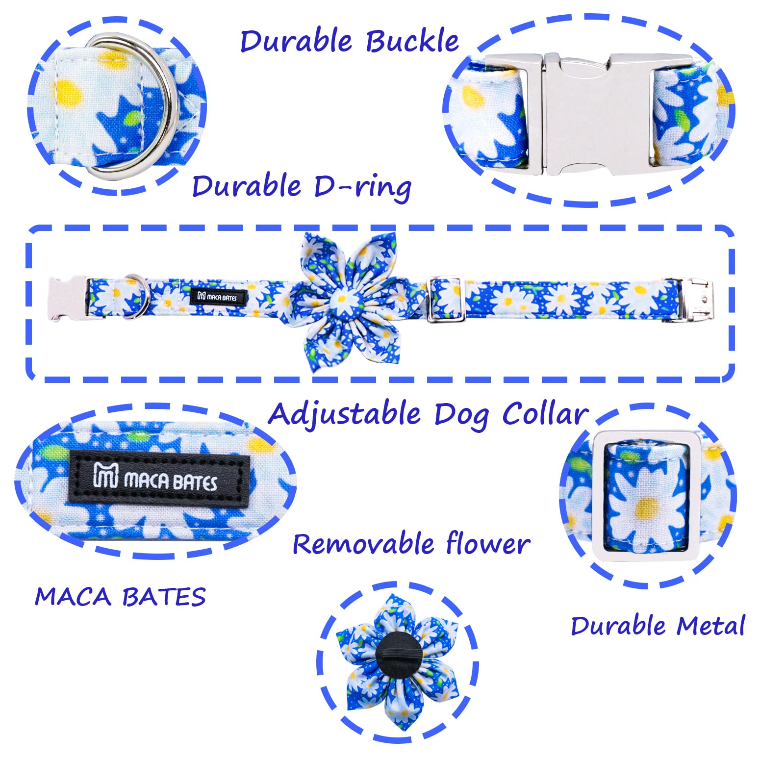 Maca Bates Flower Summer Daisy Dog Collar With Flowers For Dogs Adjustable Breakaway Bloom Blue Cute Collars Accessories Birthda