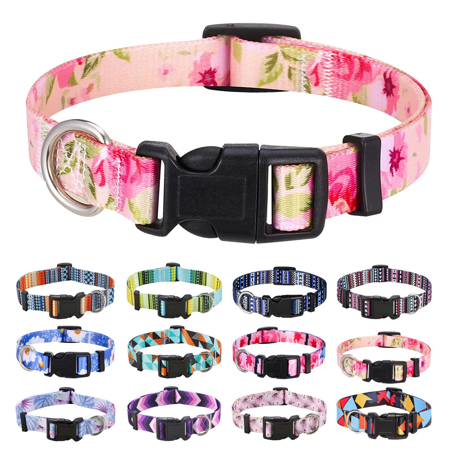 Mihqy Dog Collar With Bohemia Floral Tribal Geometric Patterns - Soft Ethnic Style Collar Adjustable For Small Medium Large Dogs (Pink Rose, S)