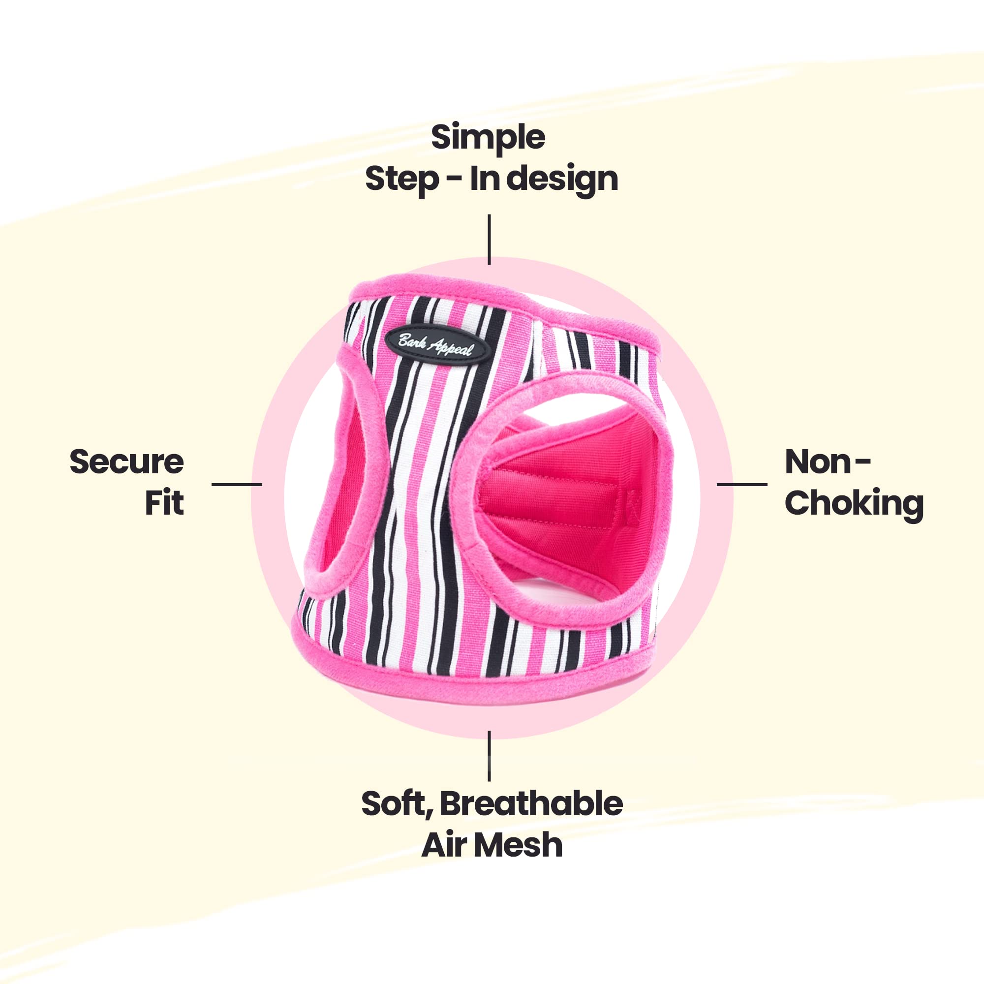 Bark Appeal Mesh Step-in Dog Harness for Small & Medium Dogs, Large, Pink Stripe, Non-Choking with Adjustable Buckle