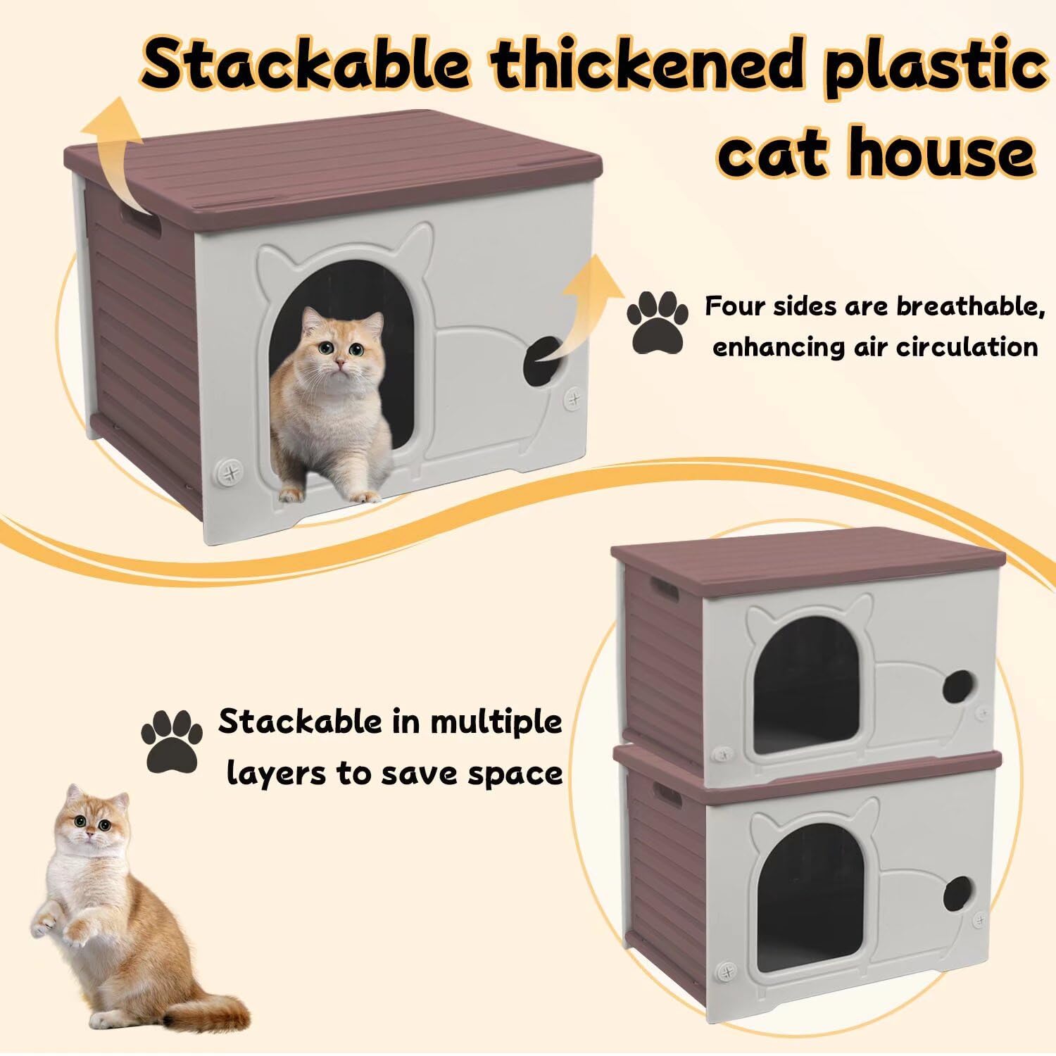 Pempet Plastic Outdoor Cat House Waterproof Feral Cat Shelter(Coffee)