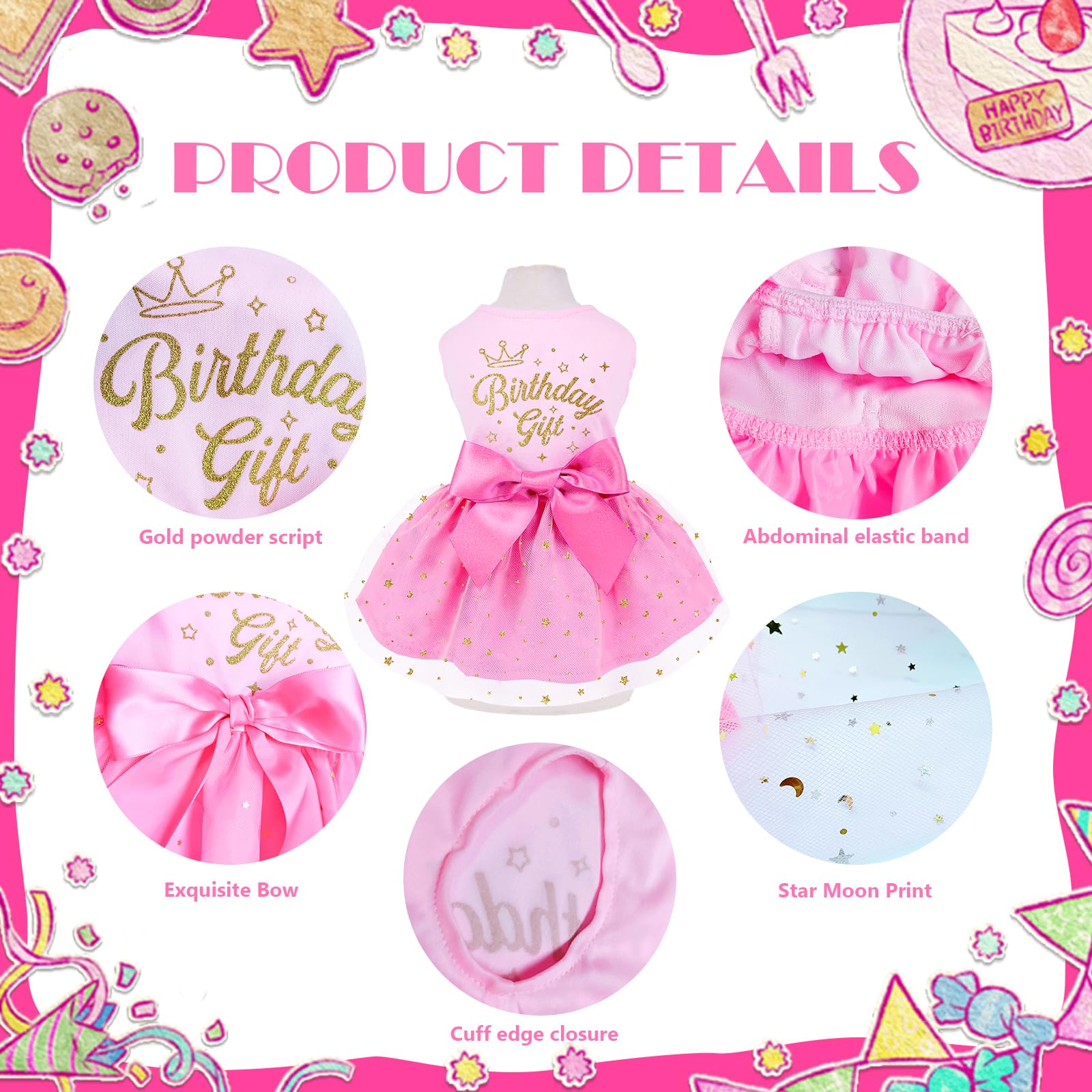 Birthday Dog Dress, Princess Dog Dress Tulle Puppy Skirt Doggie Birthday Outfit Pink Clothes For Small Dogs, Cat Pet Apparel (Me