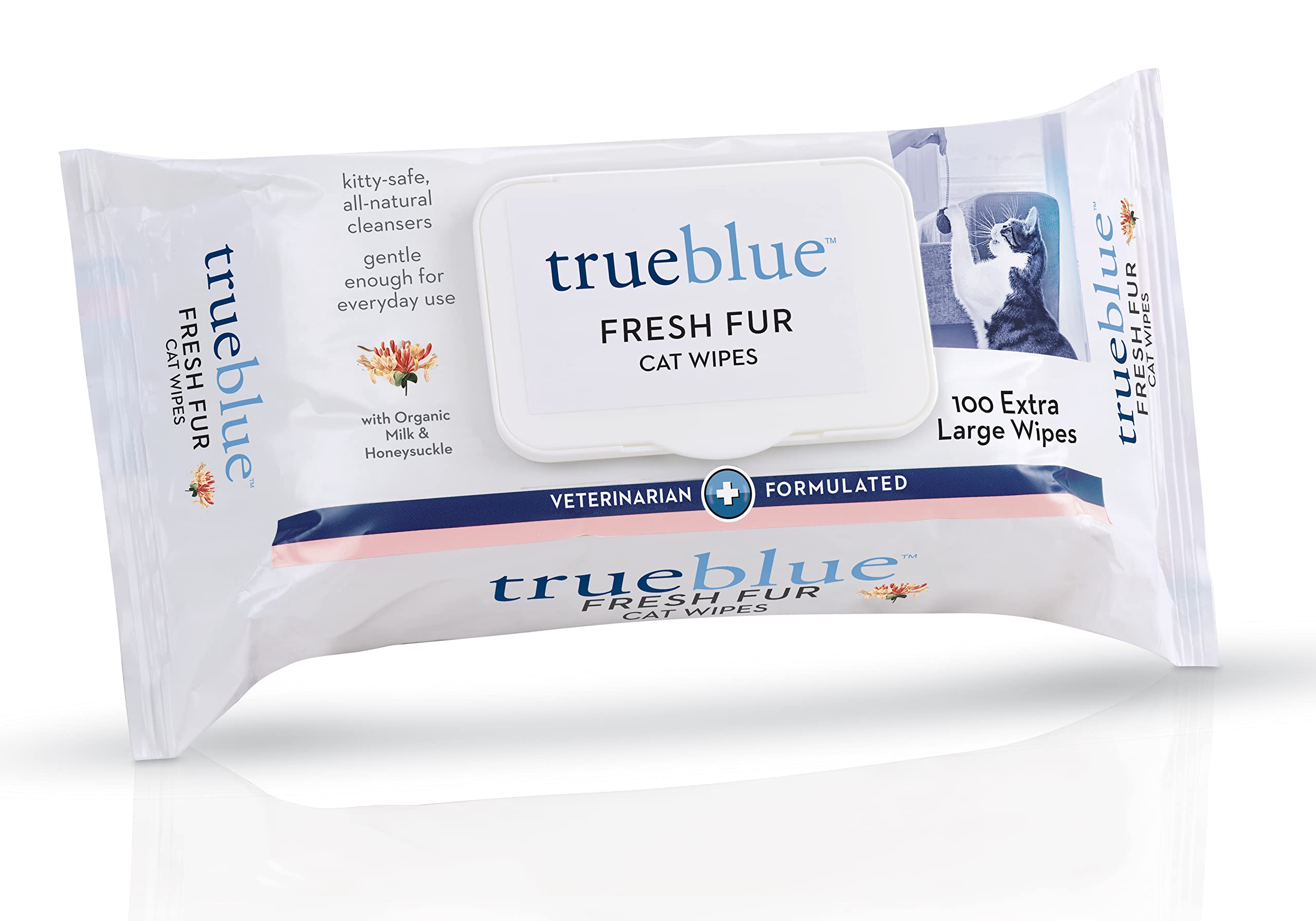 Trueblue Milk & Honeysuckle Fresh Fur Cat Cleaning Wipes - Pre-Moistened Cleansing Pads For Cleaning Dirty Paws, Coats, Cats, Kittens – Extra Large – 8”X7” – 100 Count