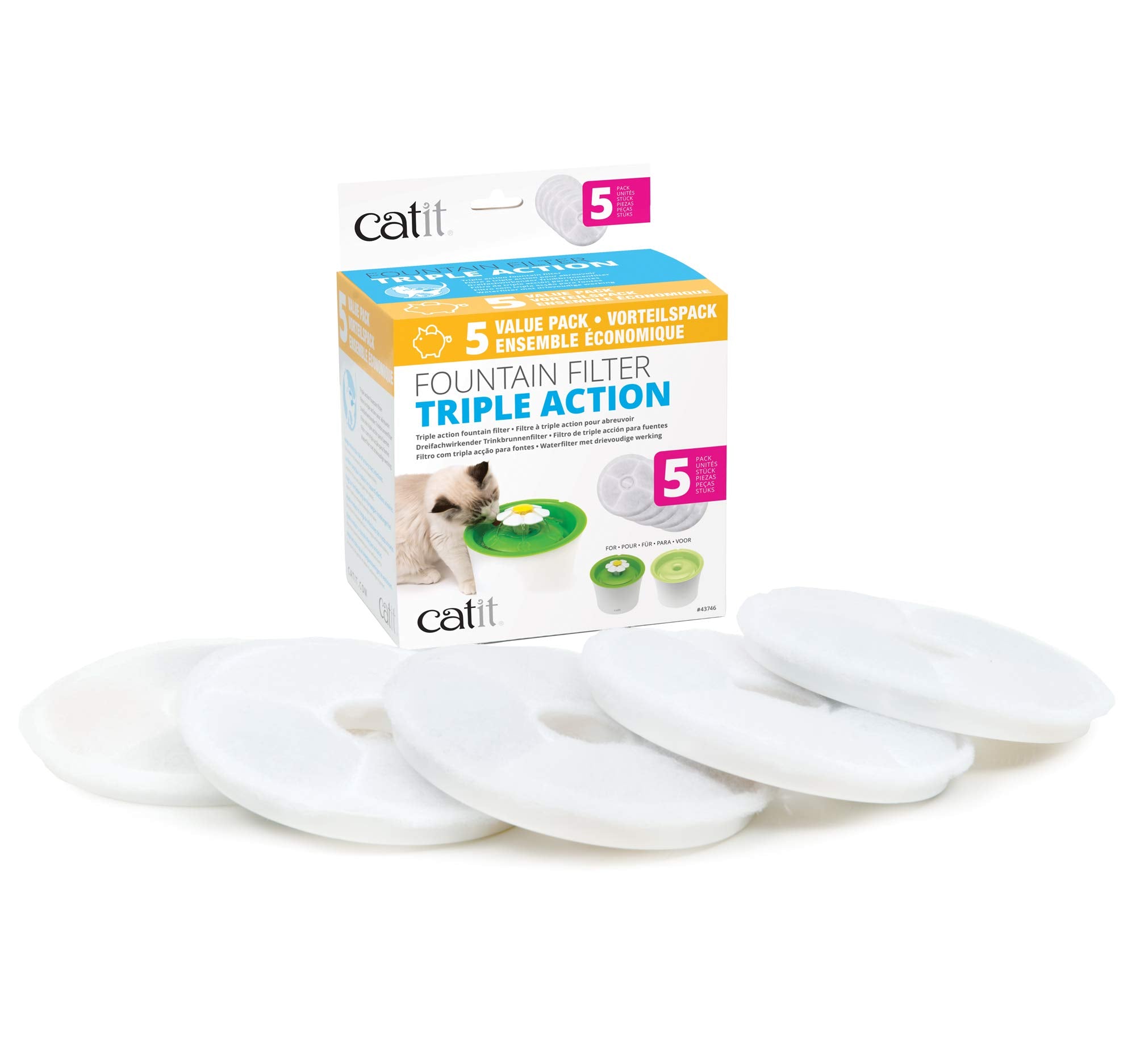 Catit Triple Action Water Fountain Filters - 5-Pack, Stainless Steel, White, Model 43746