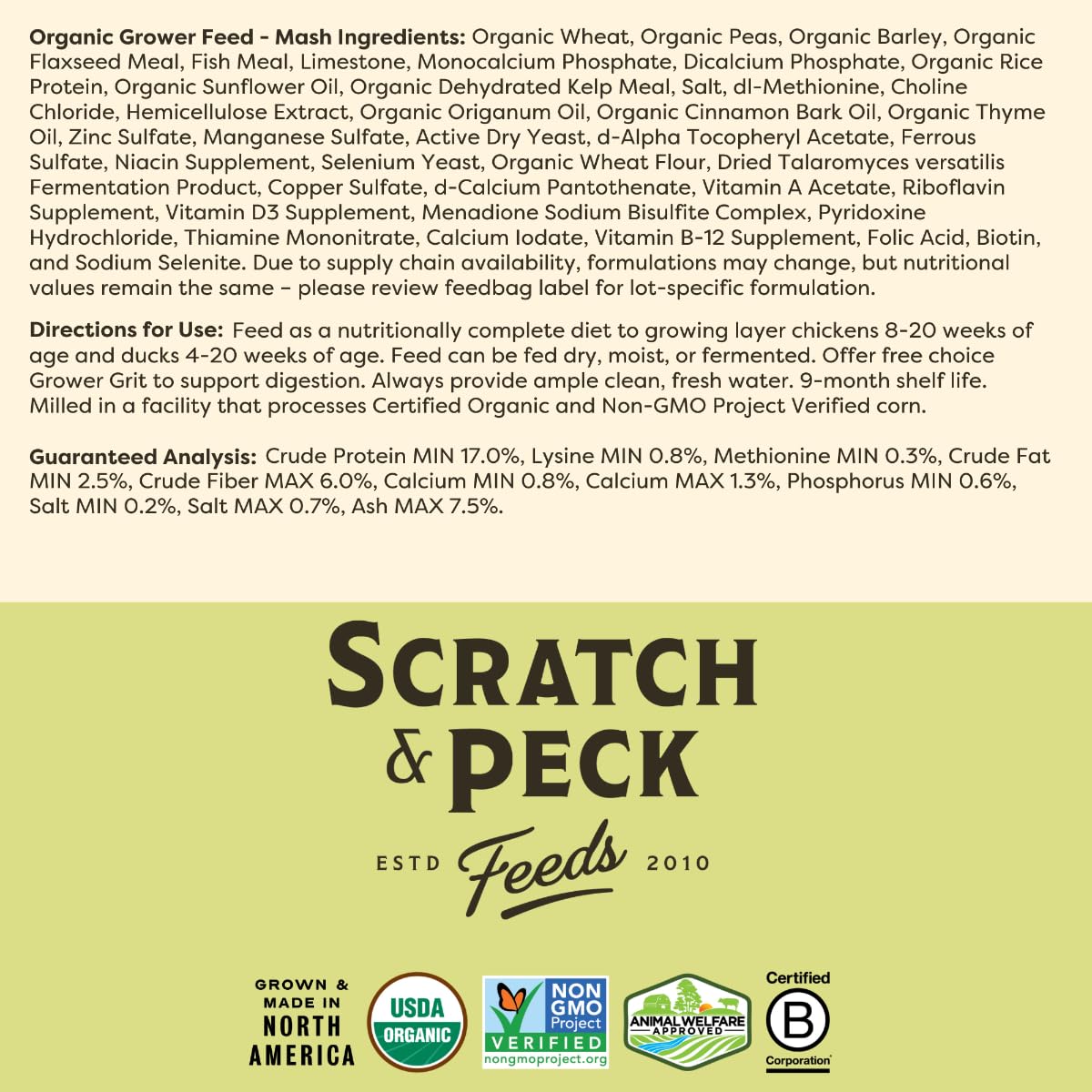 Scratch and Peck Whole Grain Grower Mash Chicken and Duck Feed - 10 lbs Bag - Corn-Free and Soy-Free - 17% Protein, Certified Or