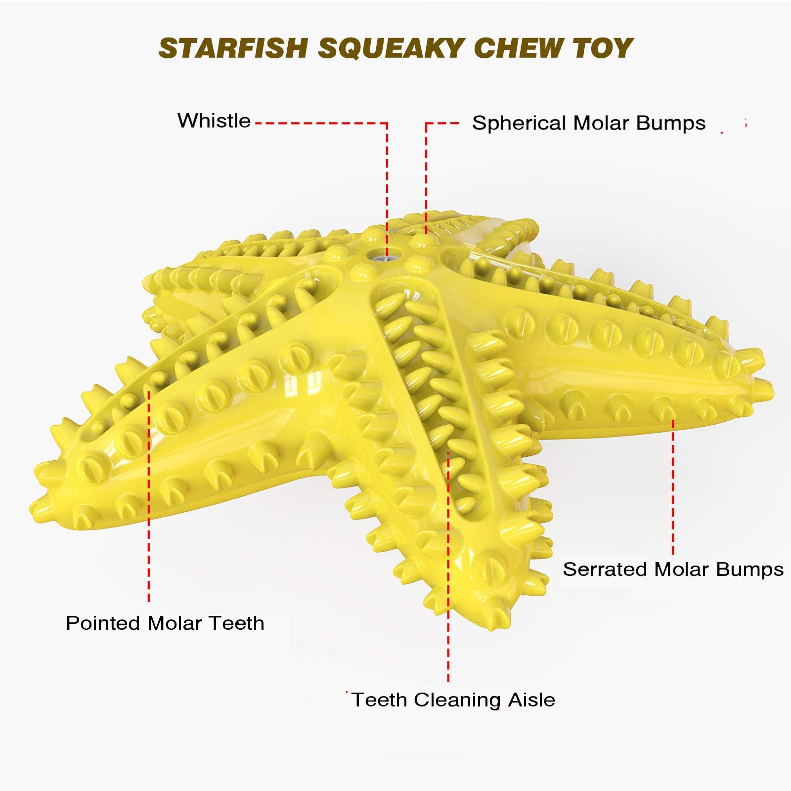 IDOLPET Squeaky Dog Toy - Starfish Rubber Teeth Cleaning Toy for Small & Medium Dogs - Yellow