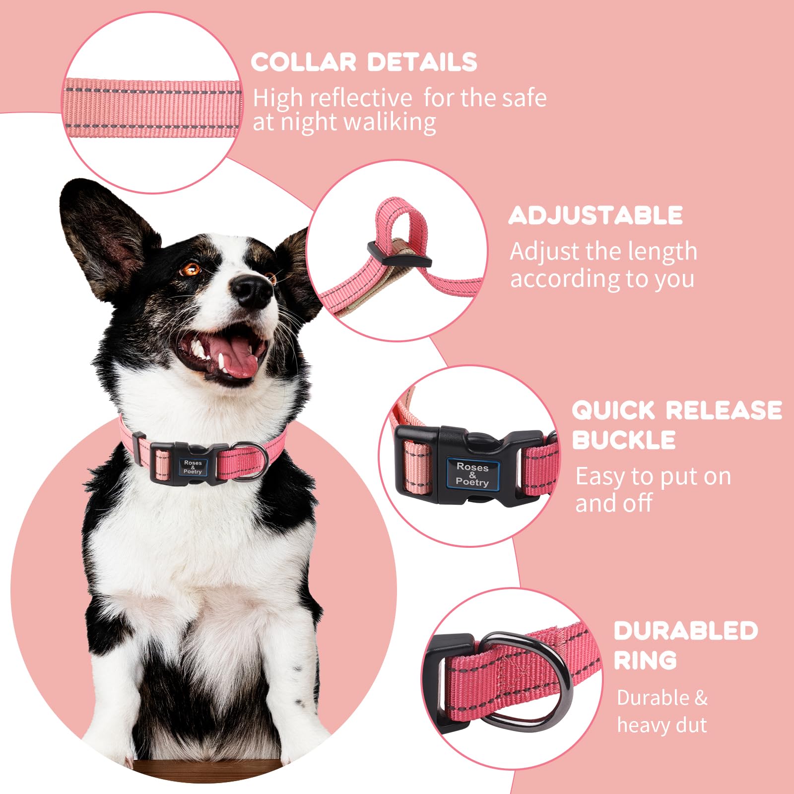 Roses&Poetry Pink Dog Leash And Collar Set, Reflective Dog Collar And Leash For Large Dogs, Adjustable Durable Matching Collars