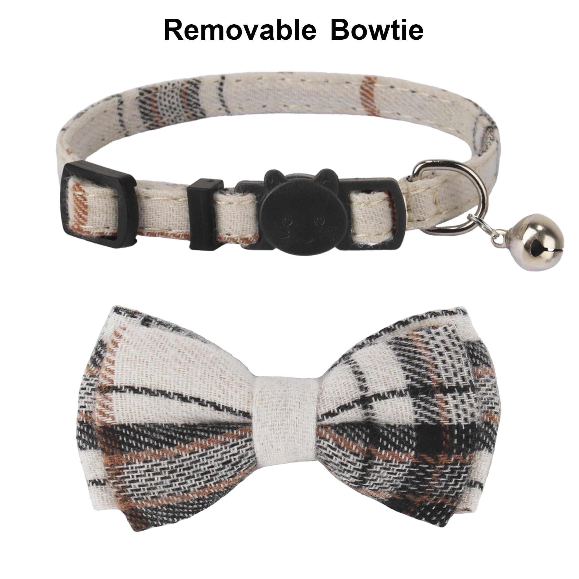 Adoggygo Plaid Cat Collars Breakaway With Bow Bell, Removable Bowtie, 2 Pack Beige Blue Plaid Kitten Bow Collar For Cats Kittens