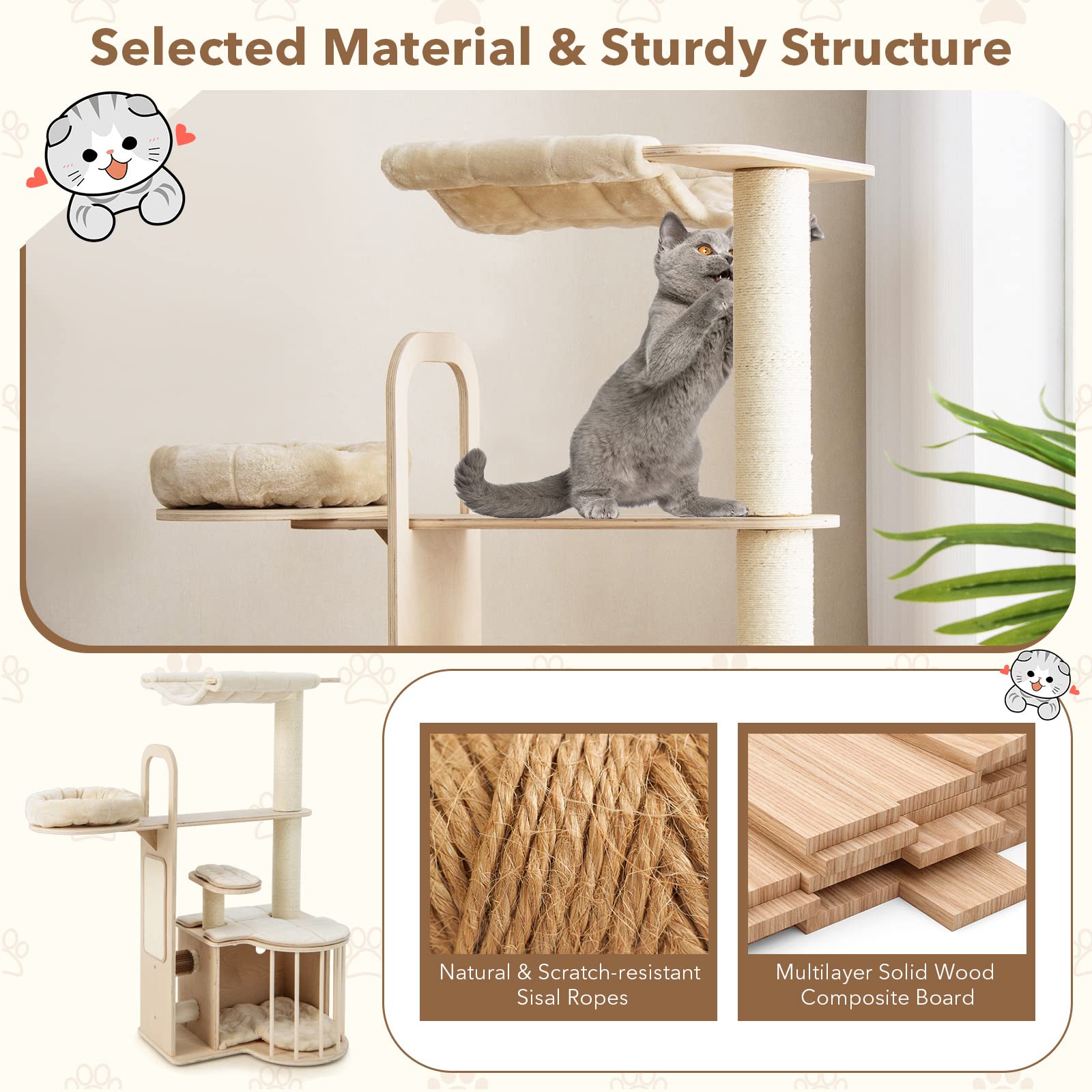Tangkula Tall Cat Tree For Indoor Cats, 55 Inch Multi-Level Cat Tower Activity Center With Hammock, Cat Condo, Sisal Scratching Posts & Washable Cushions, Wooden Modern Cat Tree Houses For Large Cats