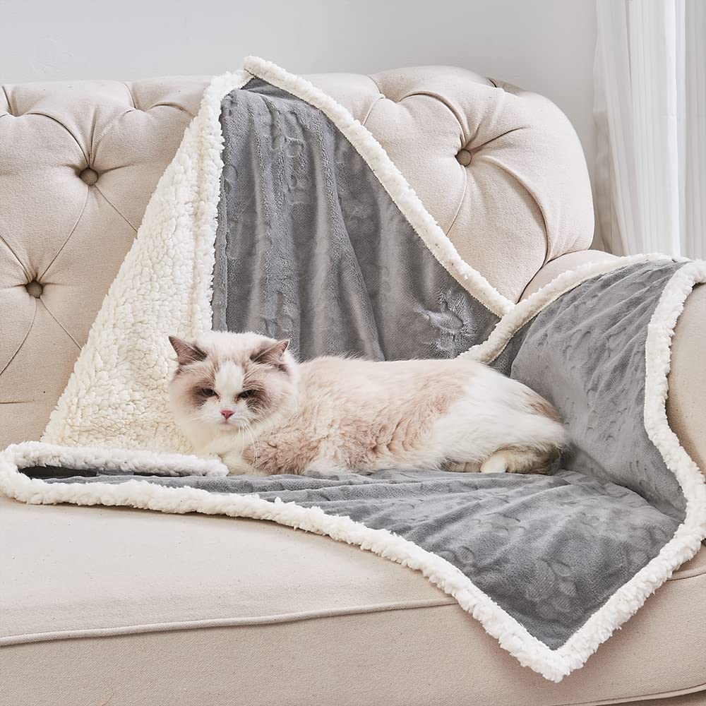 Qeils Pet Blankets For Cats - Waterproof Cat Blanket Washable - Sherpa Fleece Puppy Blanket, Soft Plush Reversible Throw Protector For Bed Couch Car Sofa, 25'X30', Grey