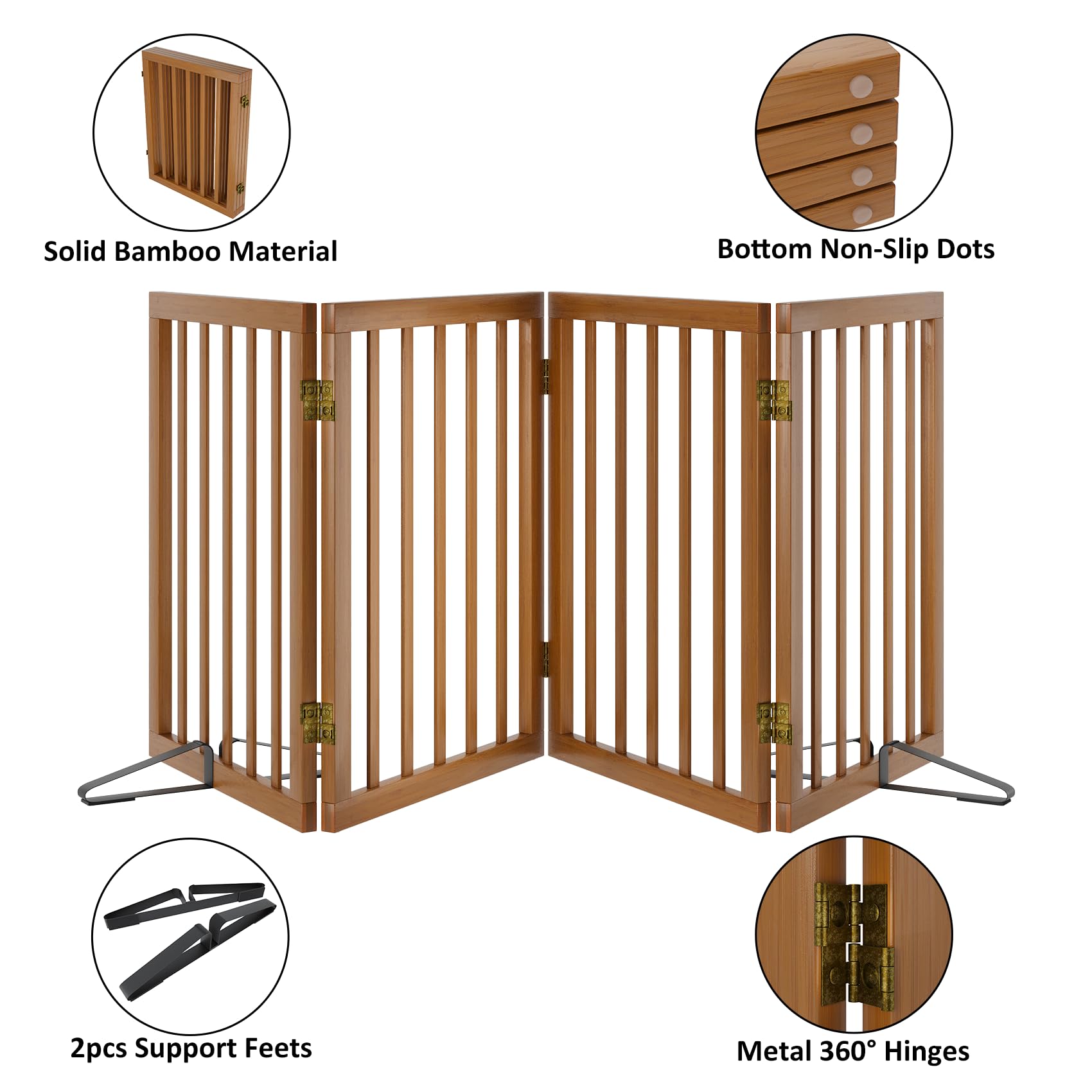 Mino Kesper Freestanding Pet Gate Foldable 4 Panel Dog Gate Walnut Dog Gates for Stair Doorways House Indoor (2 Support Feet Inc