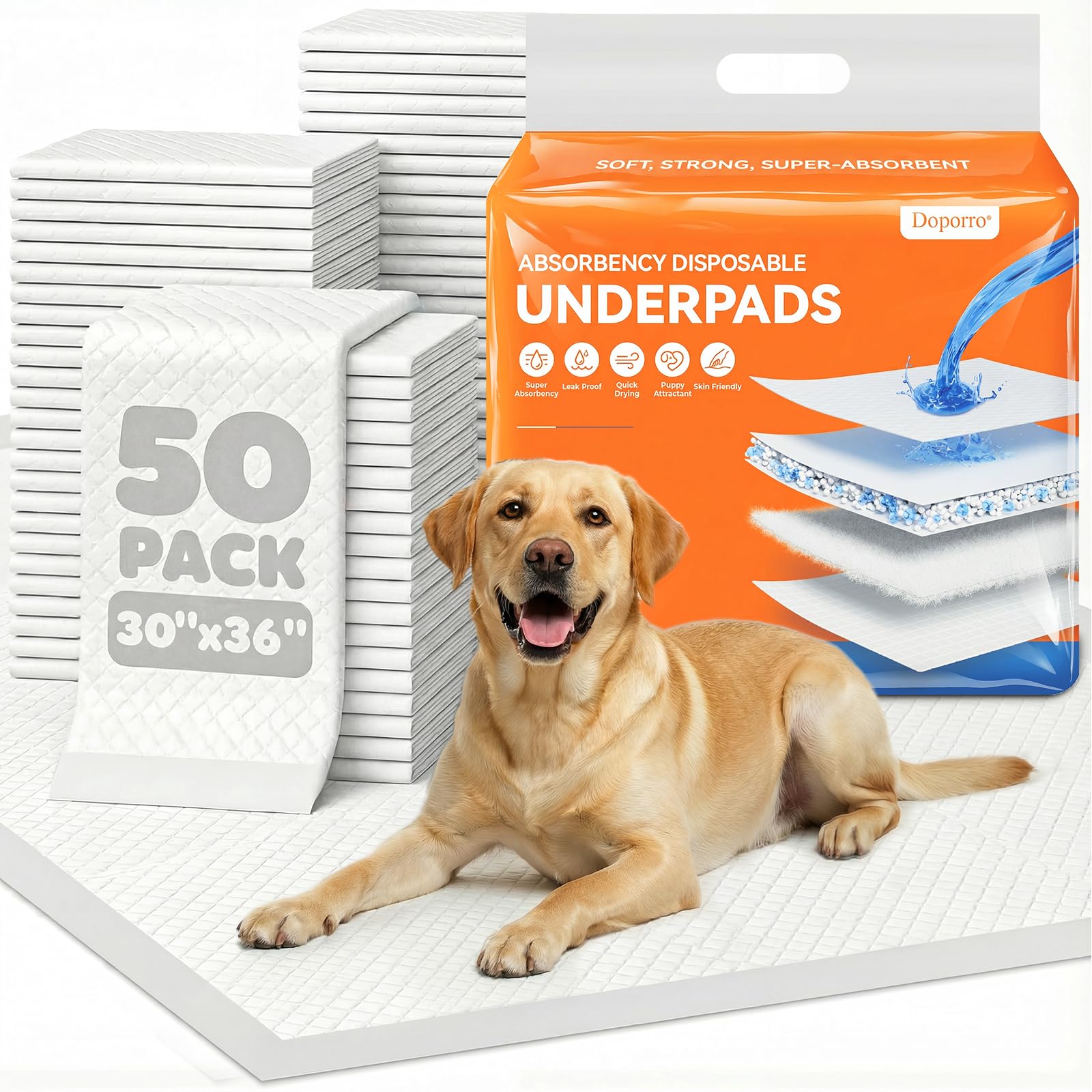 doporro 6-Layer Puppy Pads Extra Large 36x30, 50 Count Super Absorbent Dog Pee Pads with Adhesive Tapes, Leakproof Disposable Pe