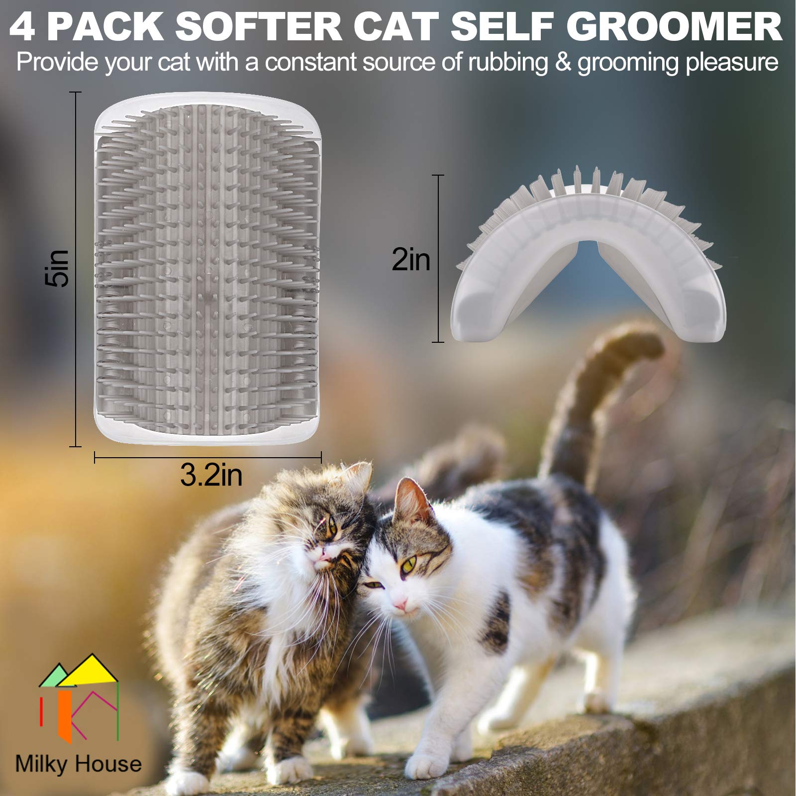 Self Groomer For Cats - 4Pack Slicker Brushes, All-In-One Grooming Tool With Wall Corner Scratcher, Trimmer, Massage Combs For Short & Long Fur Pets