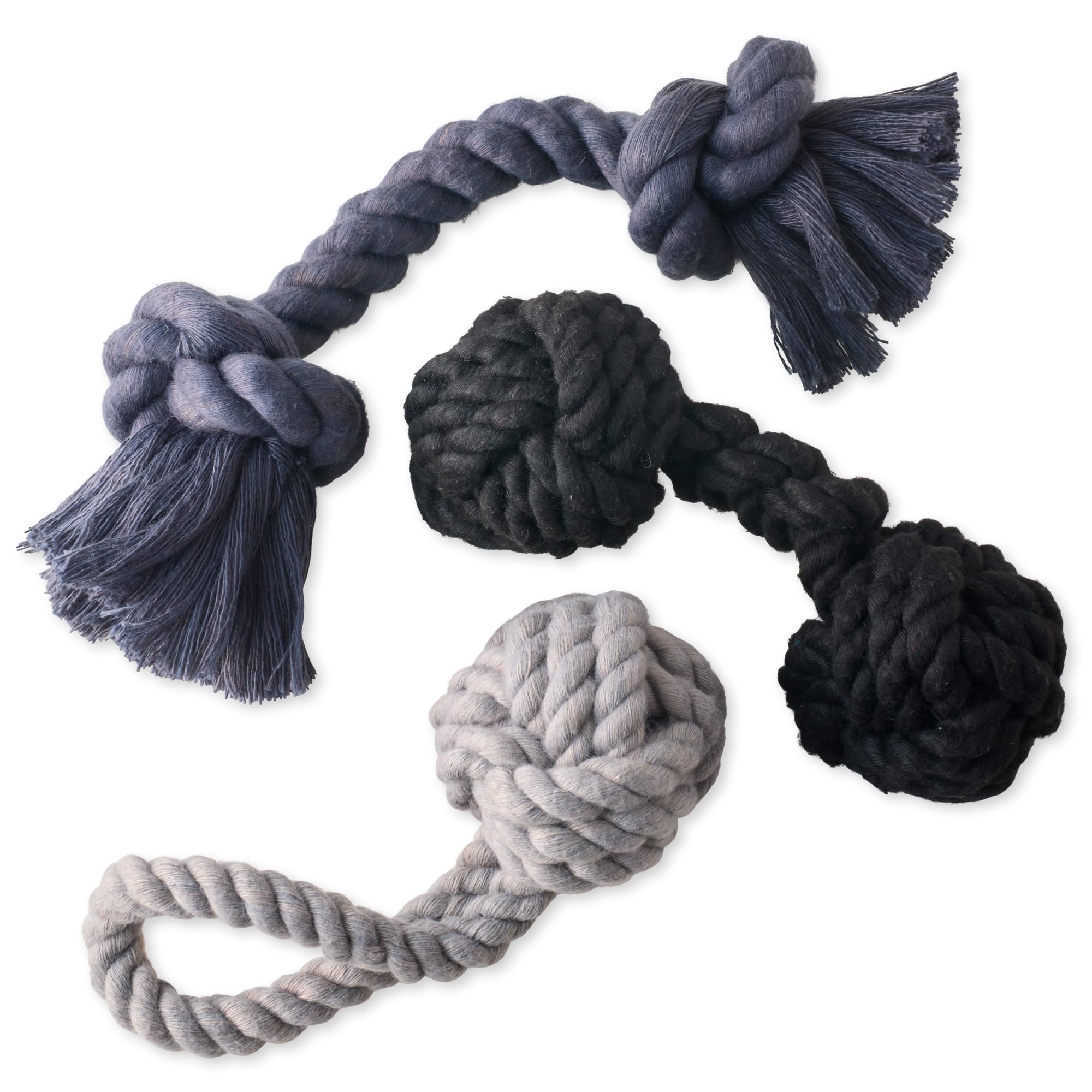 Pet Passion Brady The Rope Tug Toy 3-Pack Organic Cotton Dog Rope Pull Toys for All Pet Breeds, Gray Ombre, One Size