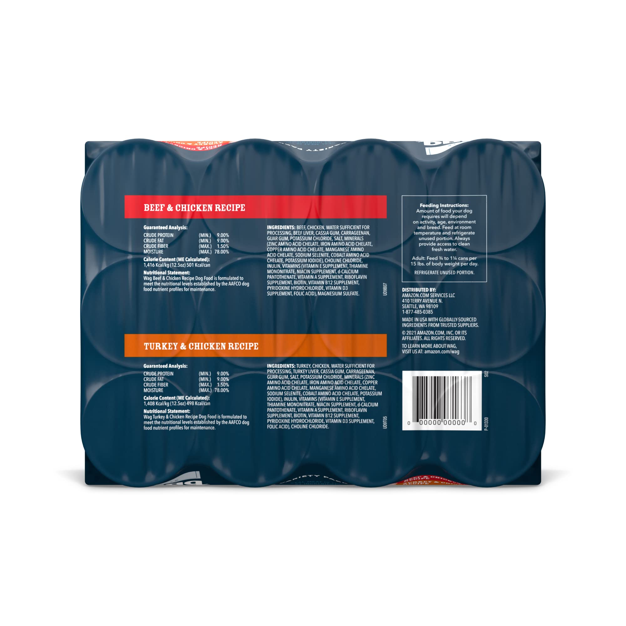 Amazon Brand - Wag Pate Wet Dog Food Variety Pack (Beef & Chicken / Turkey & Chicken), Made with Natural Ingredients, 12.5 oz Ca