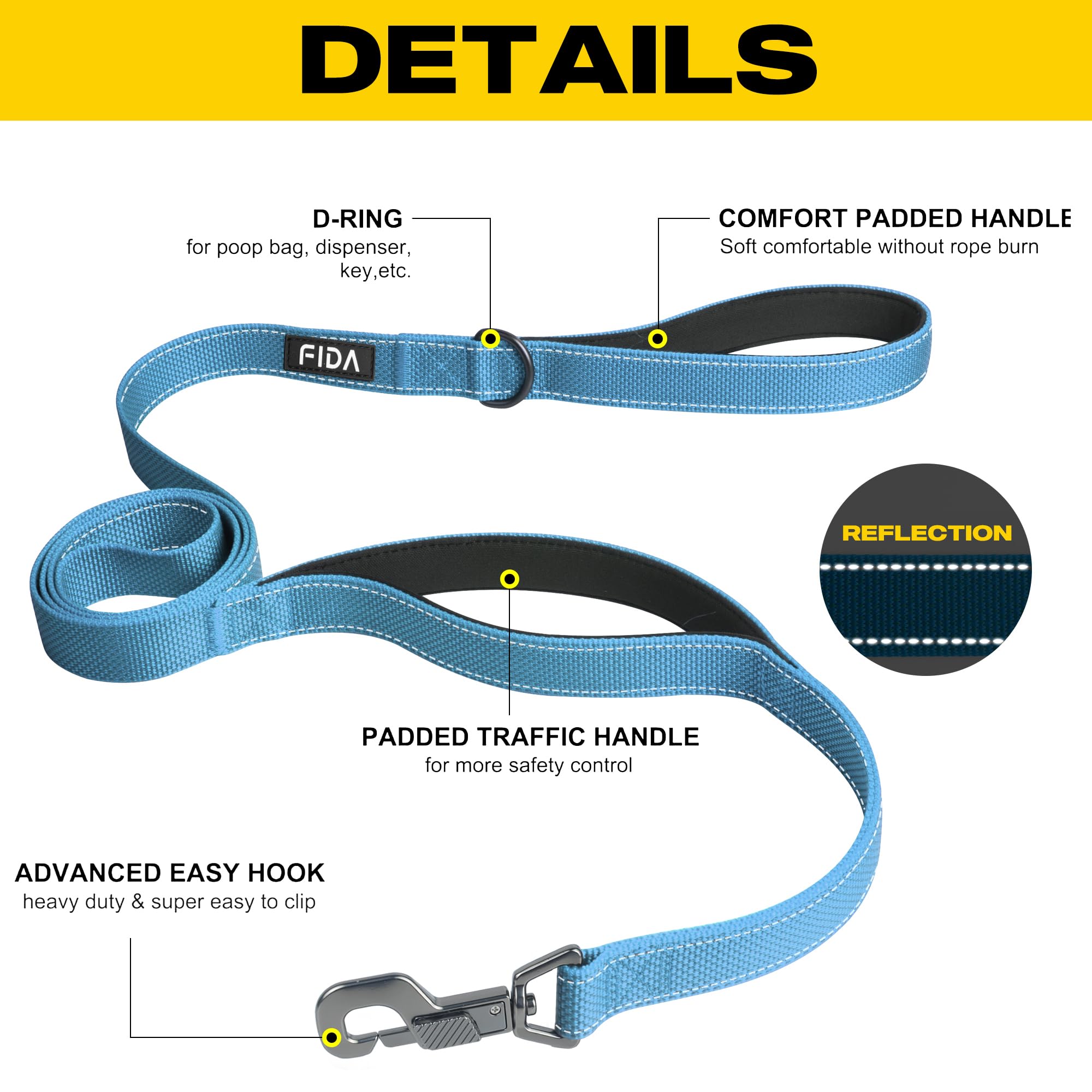 Fida 6 Ft Heavy Duty Dog Leash With 2 Comfortable Padded Handles, Traffic Handle & Advanced Easy Snap Hook, Reflective Walking Lead For Large, Medium & Small Breed Dogs, Blue