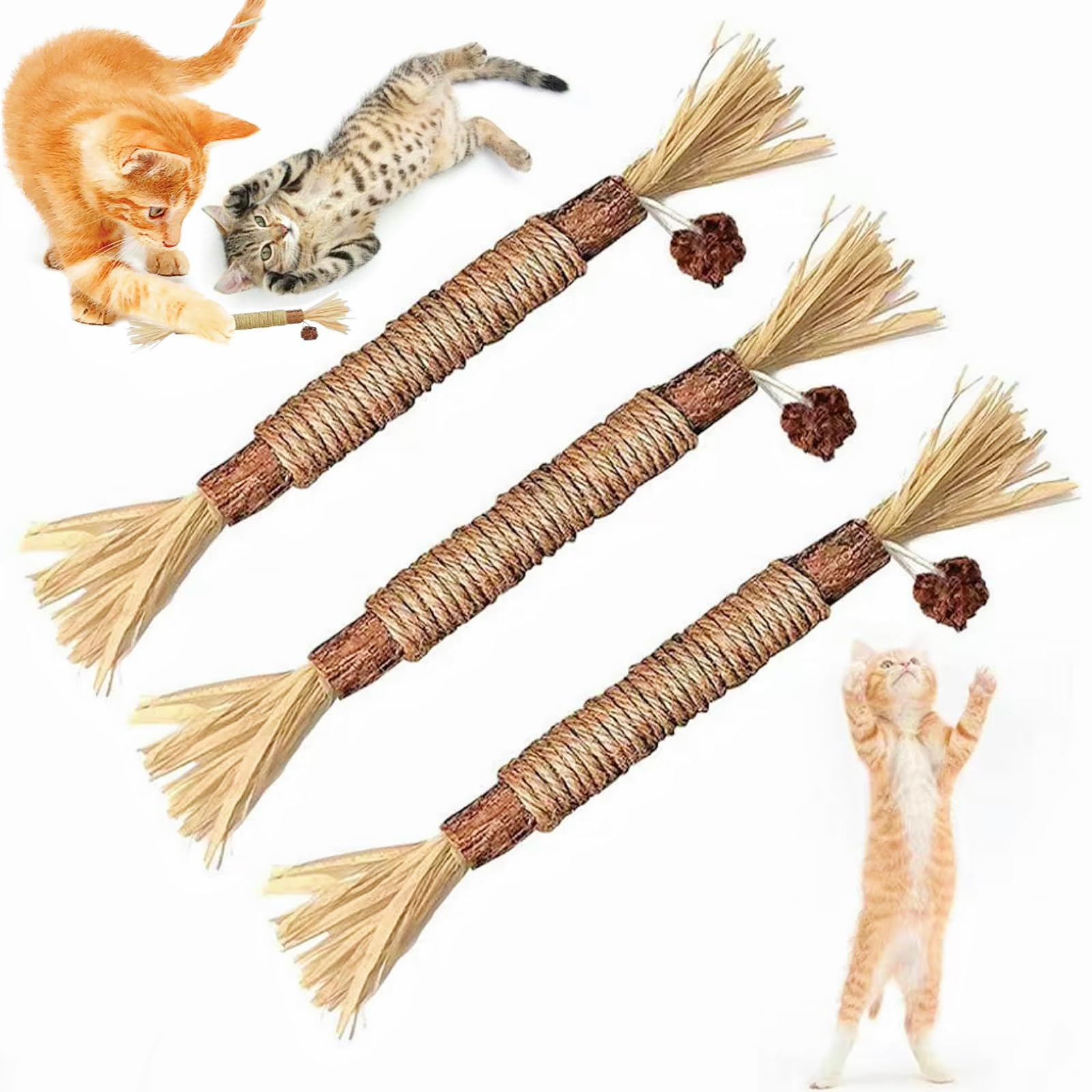 Sunkizzrs Silvervine Stick 3Pcs (1 X 21Cm) With Sisal Rope & Gall Fruit & Raffia Palm Matatabi Stick For Cat Teeth Cleaning I