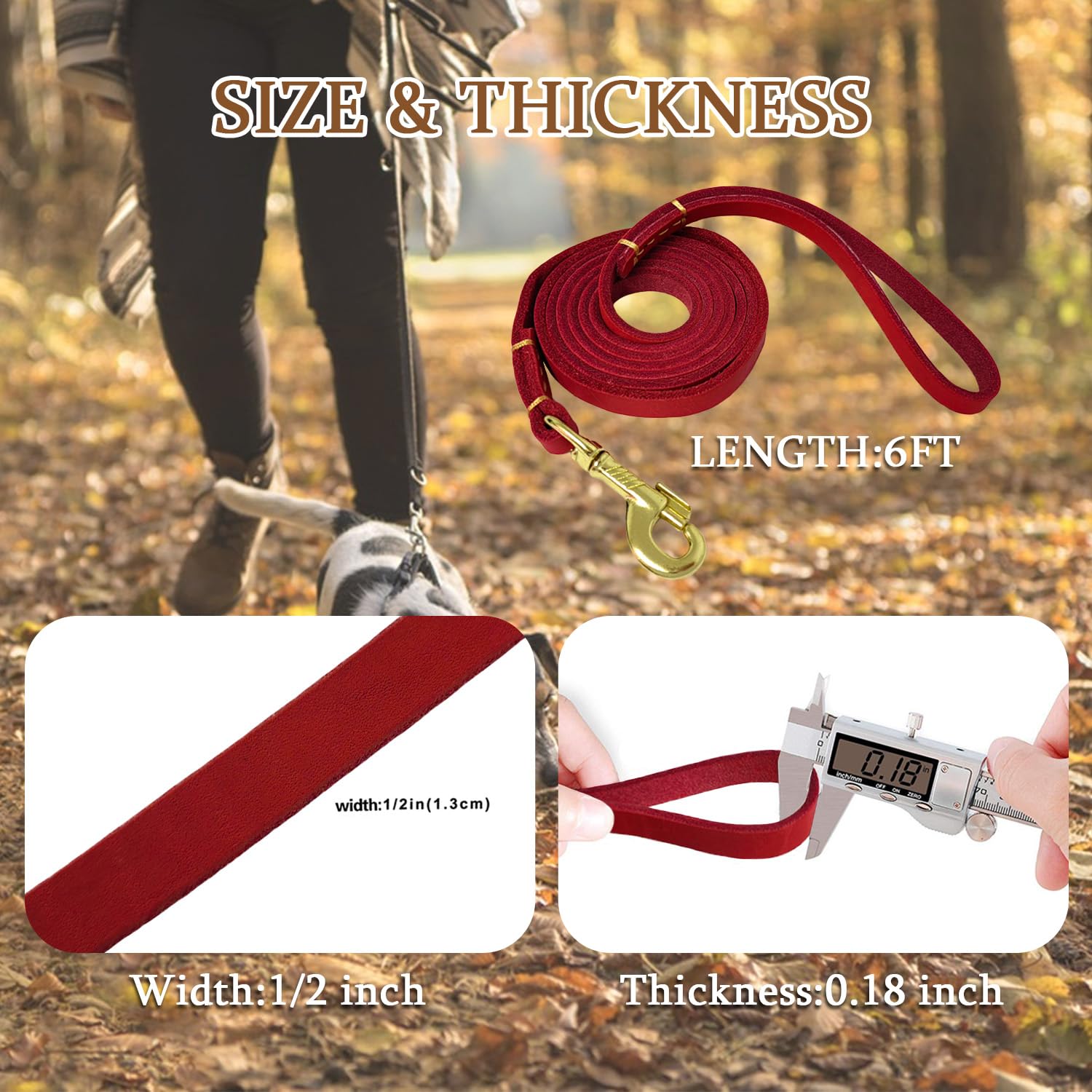 Leather Dog Leash 6Ft X 1/2 Inch, Heavy Duty Dog Training Leash, Soft Strong Handmade Genuine Leather Leashes For Medium Small D