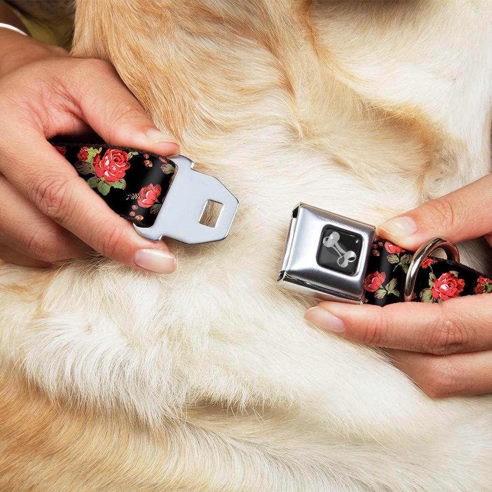Buckle-Down Seatbelt Buckle Dog Collar - Red Roses Scattered Black - 1' Wide - Fits 15-26' Neck - Large