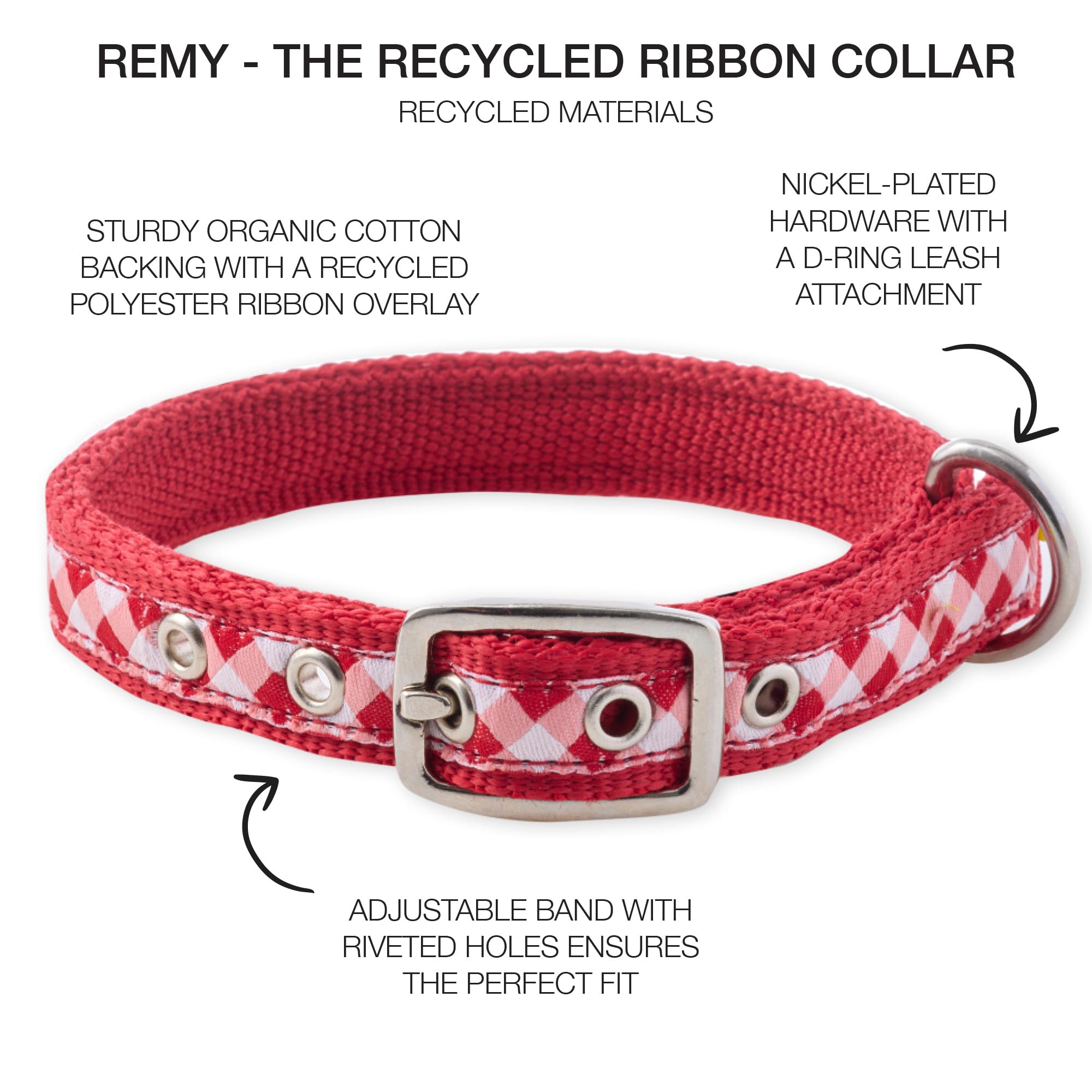 Pet Passion Adjustable Recycled Ribbon Dog Collar For All Pet Breeds, Red Buffalo Plaid, X-Small
