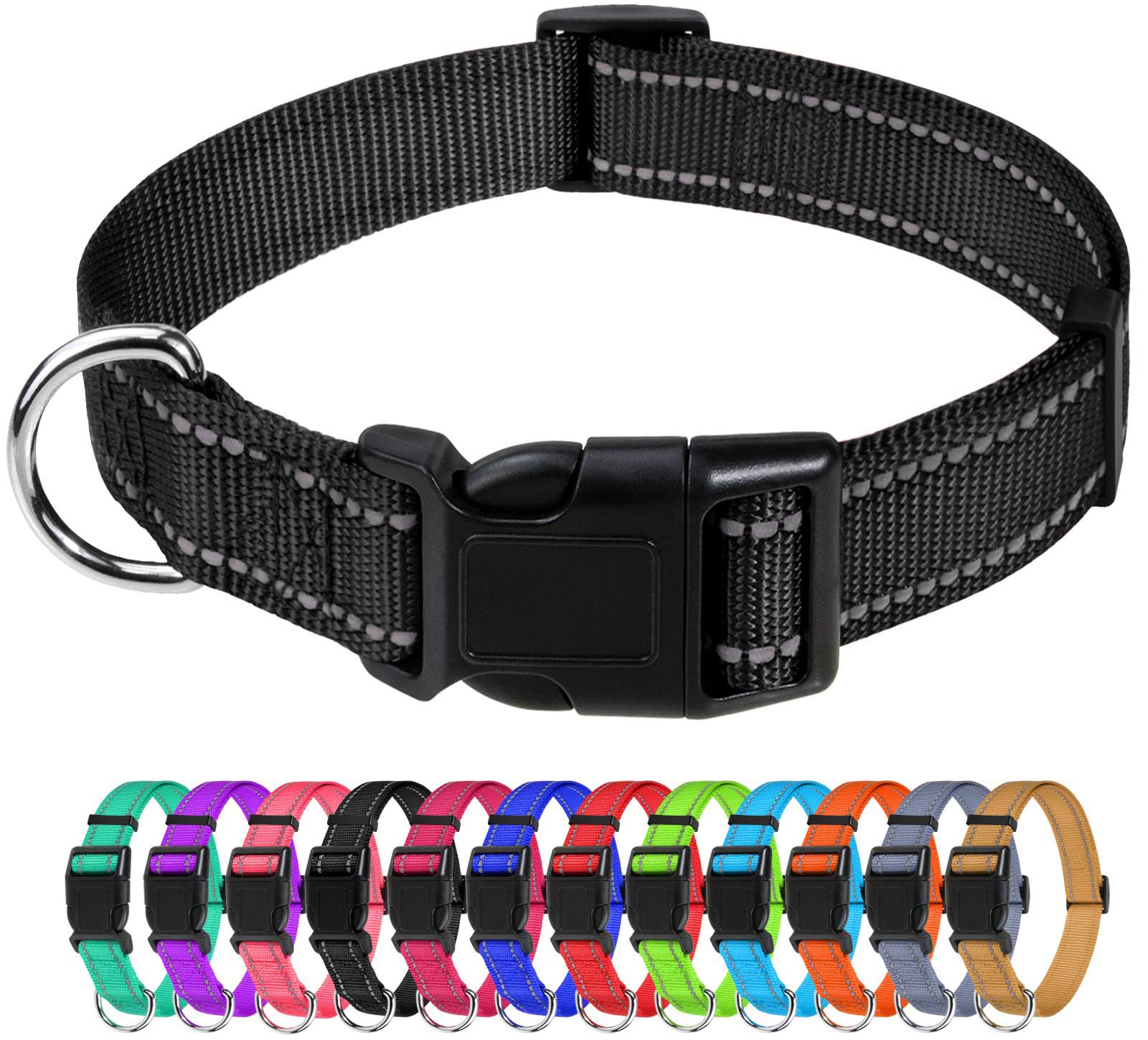 Tagme Reflective Nylon Dog Collars, Adjustable Classic Dog Collar With Quick Release Buckle For Extra Large Dogs, Black, 1¼' Width