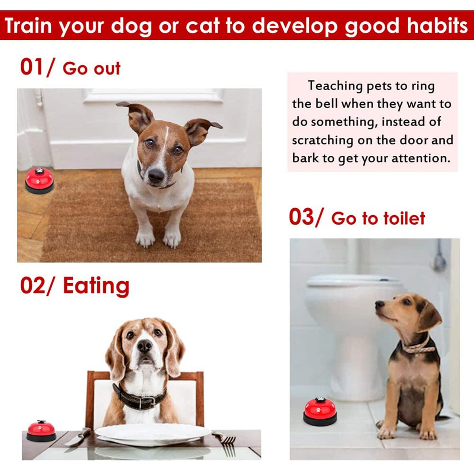 Slowton Dog Doorbells, 2 Pack Metal Bell Dog Training With Non Skid Rubber Bottoms Dog Door Bell For Potty Training Clear Ring Pet Tool Communication Device For Small Dogs Cats (Red+White)