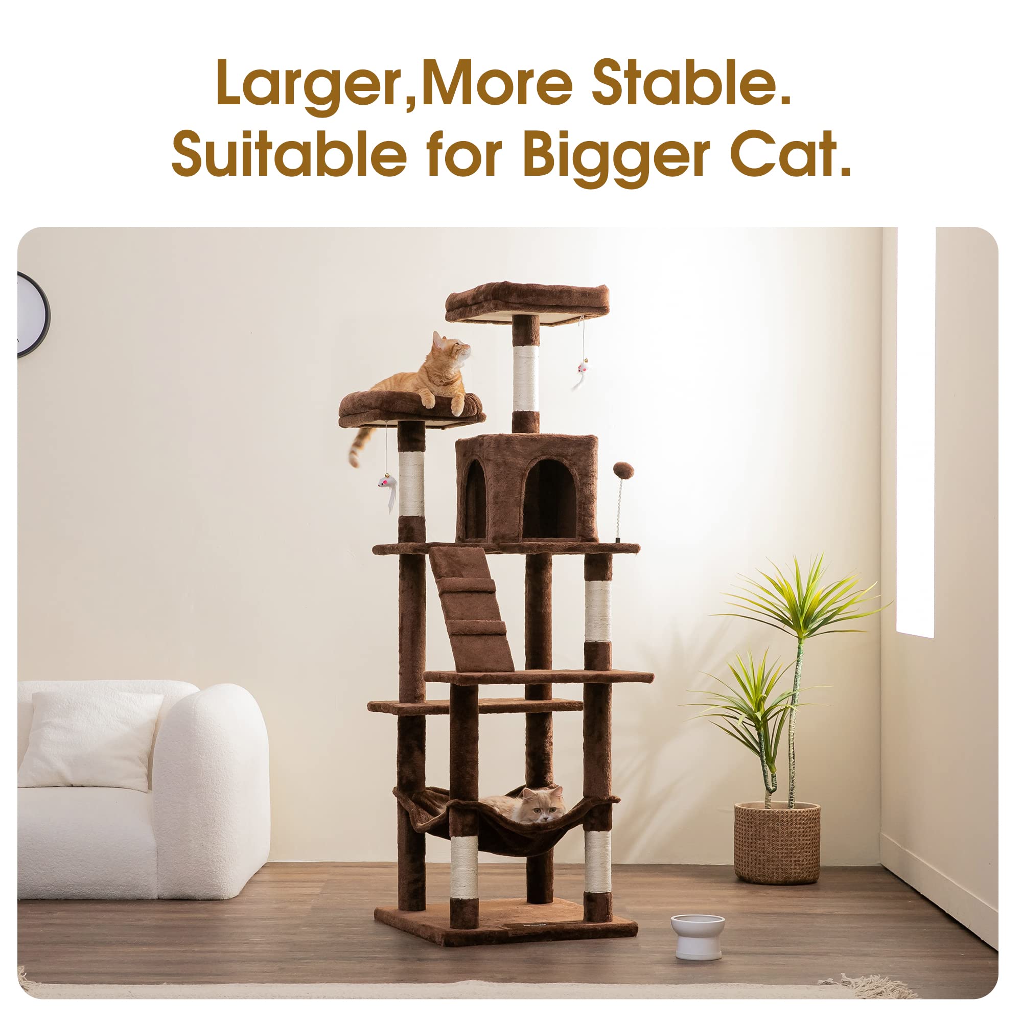 MWPO Cat Tree 70.1-Inch Multi-Level Tower, Plush Condo with Scratching Posts, Brown, Model US-130MAX-E