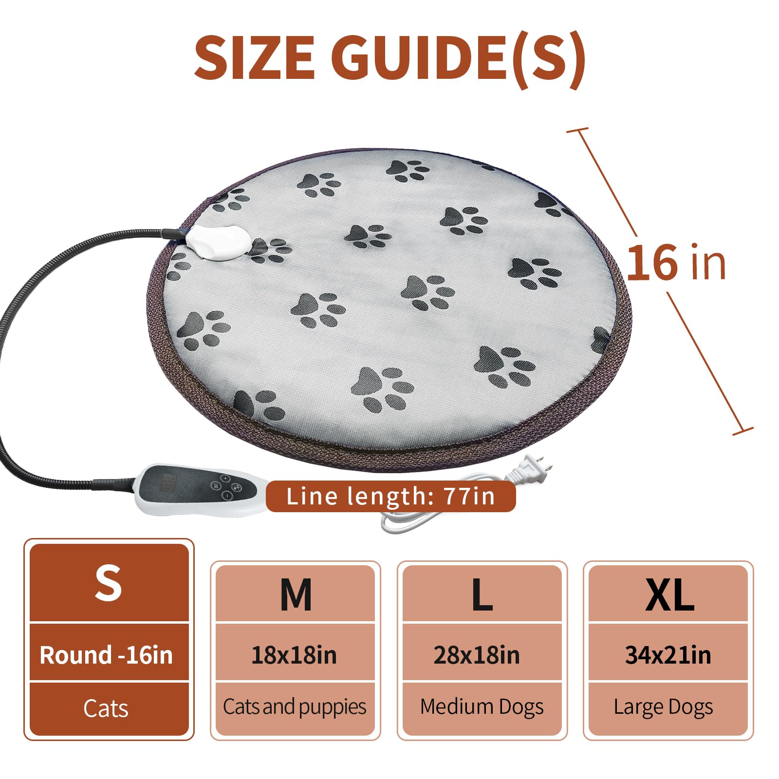 Golopet Cat Heating Pad Round-D16In Pet Heating Pads For Cats Waterproof Smart Thermostat Switch, Adjustable Heated Cat Bed,Adding Wire Rope Wires Cat Warming Pad-Paw Print