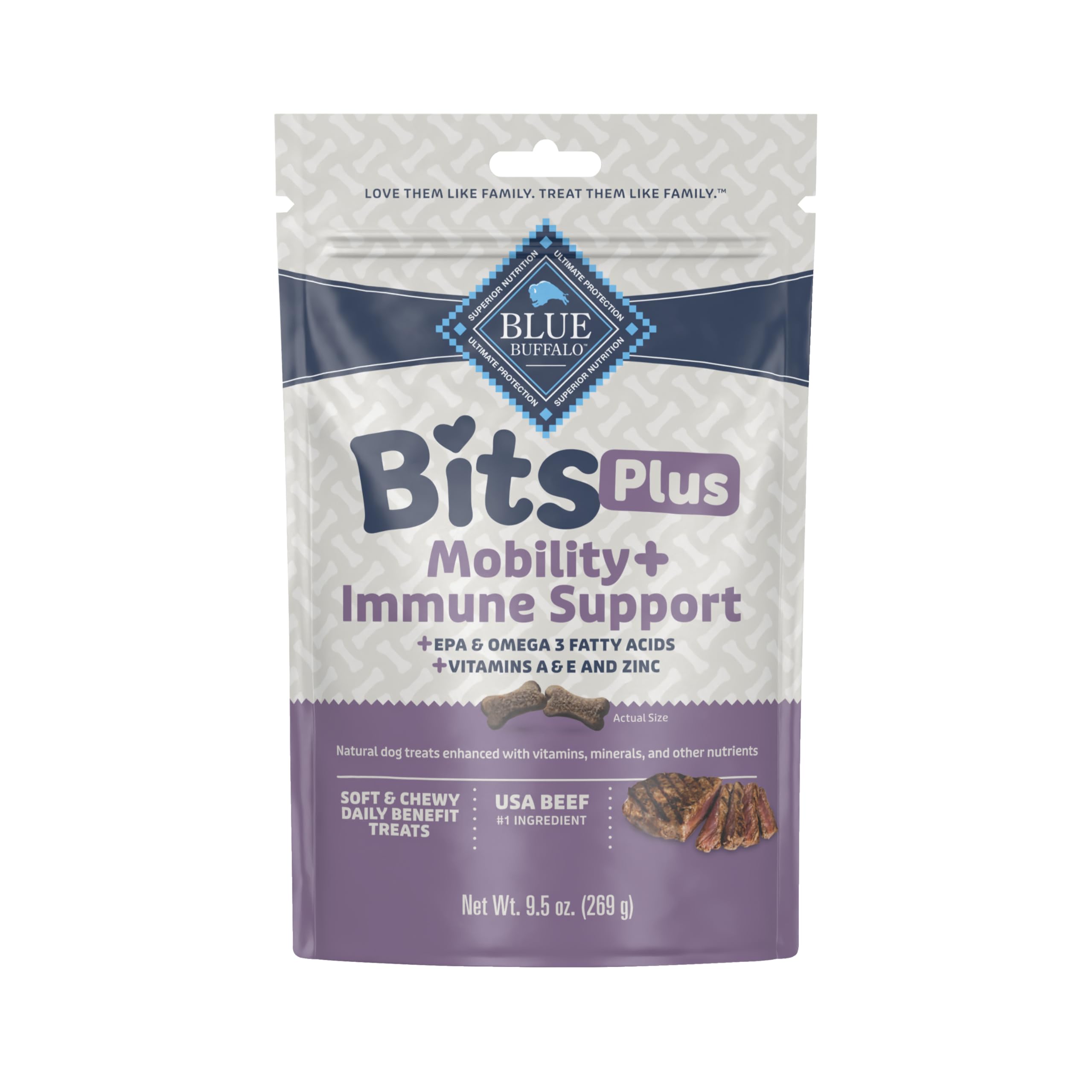 Blue Buffalo Blue Bits Plus Mobility and Immune Support Soft Dog Treats, Beef, 9.5-oz. Bag