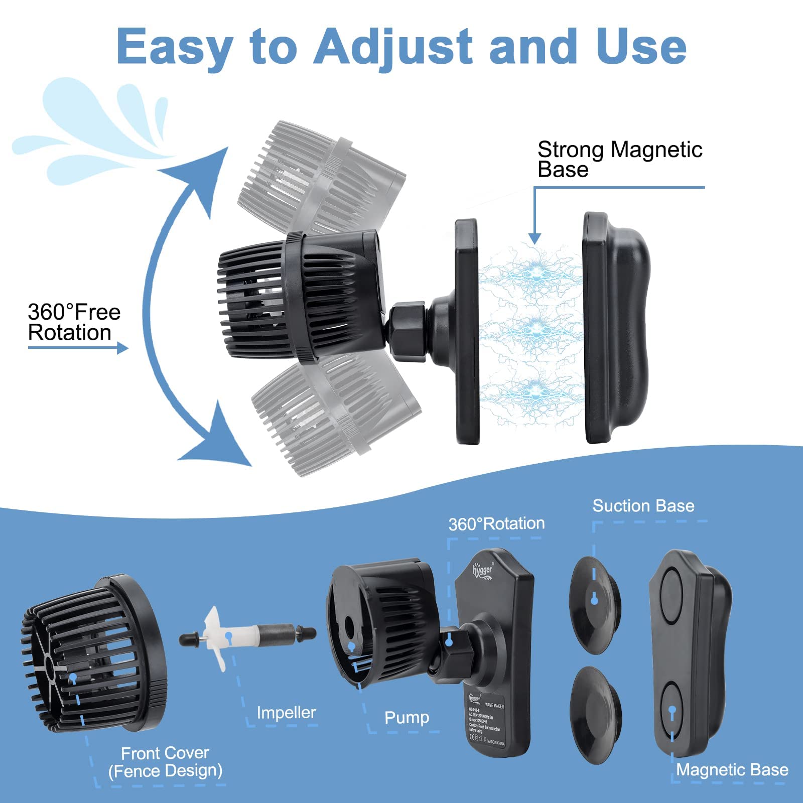 hygger 1050 GPH Aquarium Wave Maker Pump with Strong Magnetic Suction Base, Ultra-quiet 360 Degree Rotating Submersible Power He