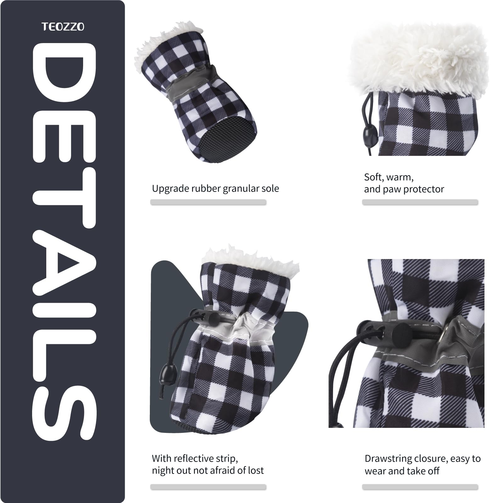 Teozzo Dog Snow Boots Dog Shoes For Small Medium Size Dogs Booties Paw Protector Warm Pet Boots For Puppies 4Pcs Black & White S
