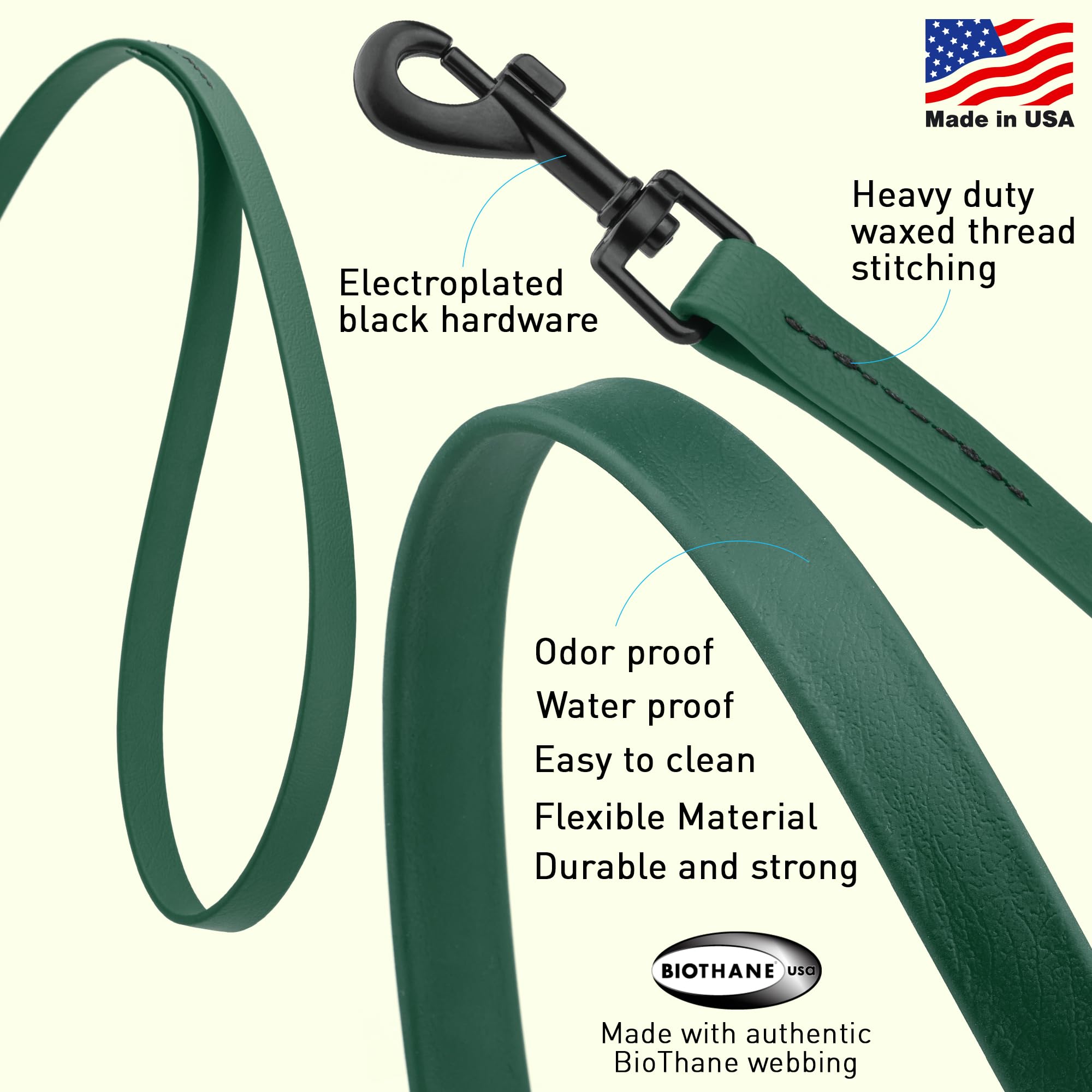 Dogline Biothane Waterproof Dog Leash Strong Coated Nylon Webbing With Black Hardware Odor-Proof Easy To Clean High Performance For Small Or Large Dogs Made In Usa 4 Or 6 Ft Lead, Hunter Green