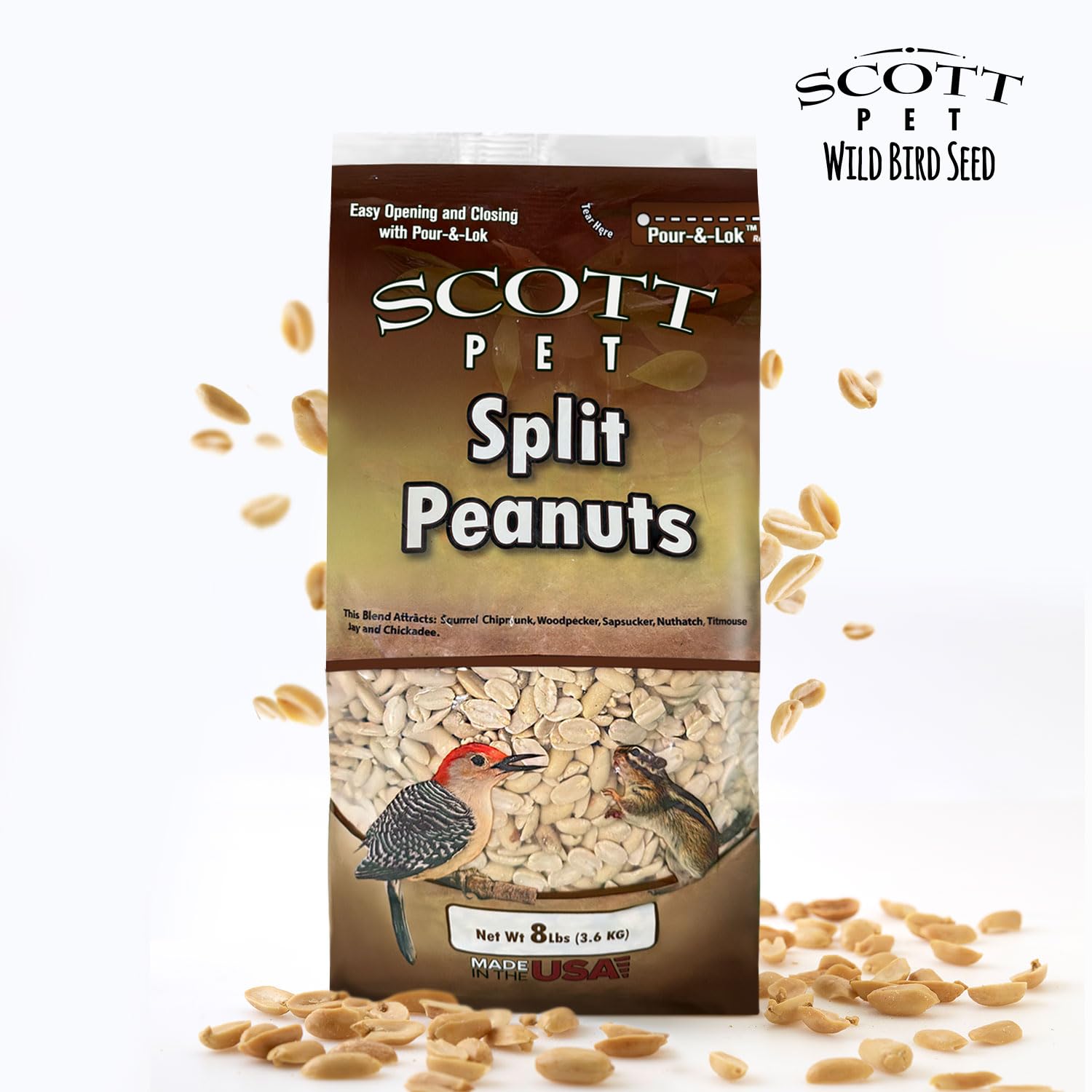 Scott Pet Wild Bird Seed - Split Peanuts, 8 lbs Bag, High Protein & Fiber, Ideal for Wild Birds