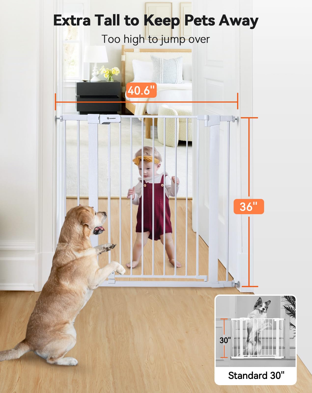 Comomy 36' Extra Tall Baby Gate For Stairs Doorways, Fits Openings 29.5' To 40.6' Wide, Auto Close Sturdy Safety Dog Gate For House, Pressure Mounted Easy Walk Through Pet Gate With Door, White