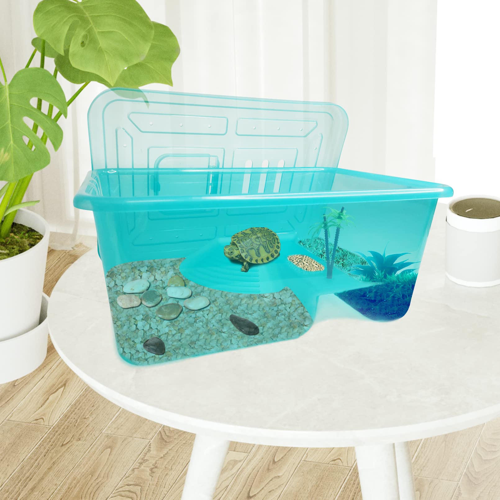 Fhiny Turtle Tank With Lid, Plastic Reptile Terrarium Turtle Breeding Box With Basking Platform Tortoise Aquarium For Crayfish H