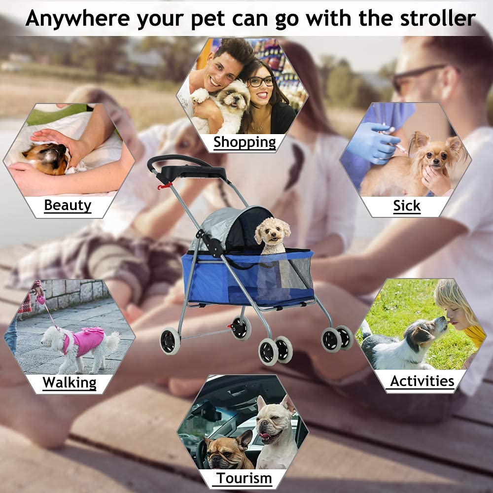 Hhs Pet Stroller, 4-Wheel Dog & Cat Stroller, Folding Carrier With Cup Holders, Waterproof, 35Lbs Capacity, Blue