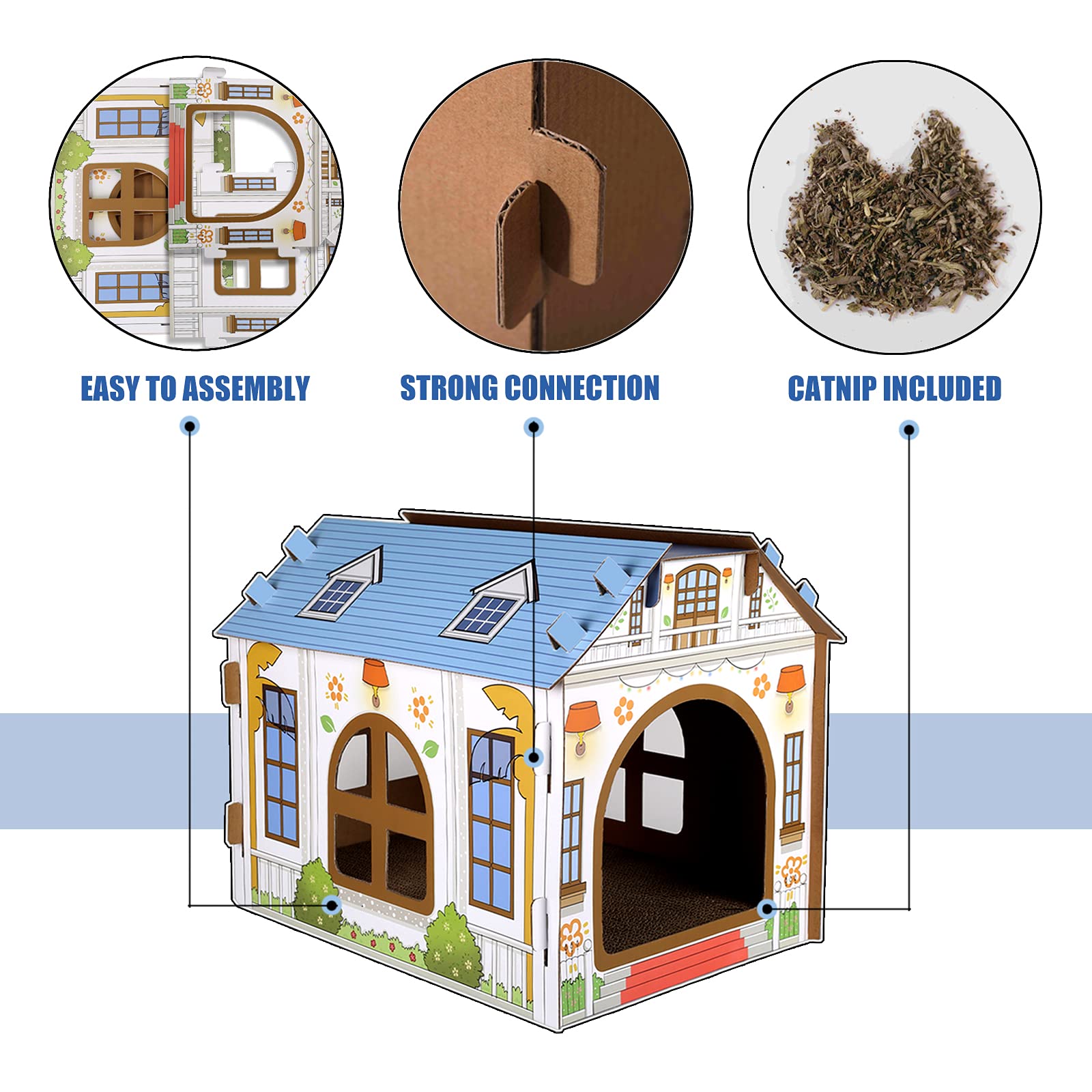 Sekam Cardboard Cat House With Scratcher/Catnip, (16.5''L X 12''W X 13''H) Cat Play House For Indoor Cats, Cat Scratching Toy, Cat Hideaway Furniture For Cat Birthday, Hideout For Bunny Small Animals