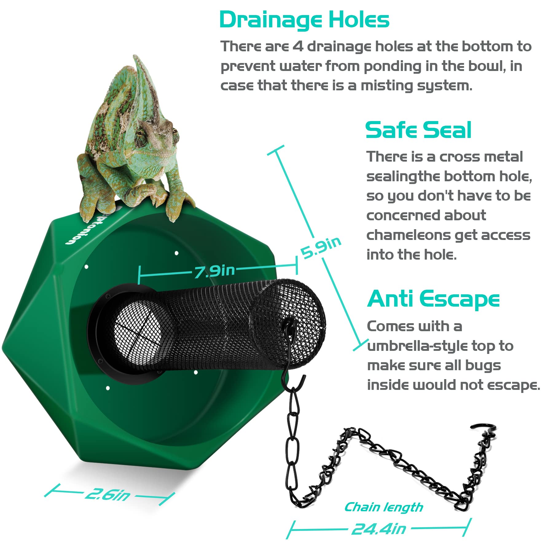 NEPTONION Hookable Chameleon Feeding Bowl, Green Iron Roach-Tower for Lizards, Bearded Dragons, Iguanas, Geckos, Toads, Frogs