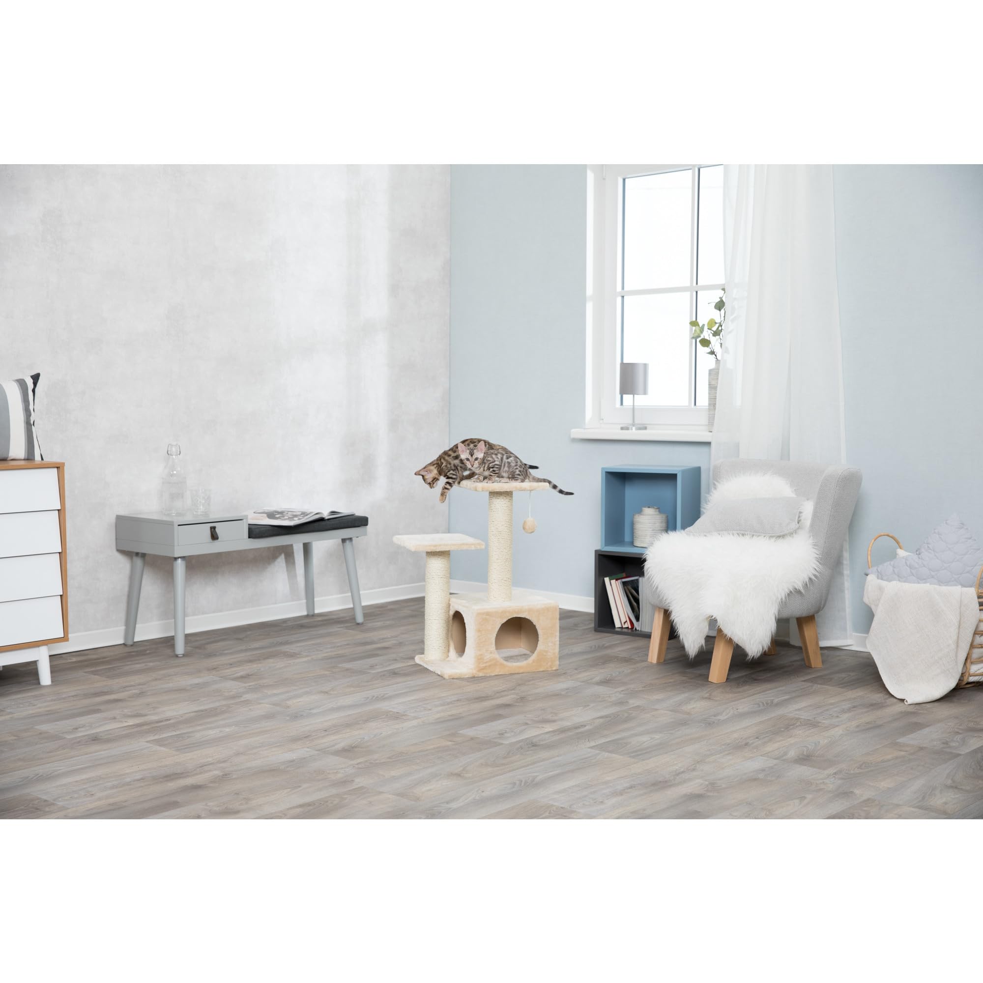 Trixie Valencia Scratching Post With Condo, Two Platforms, Dangling Cat Toy, Beige