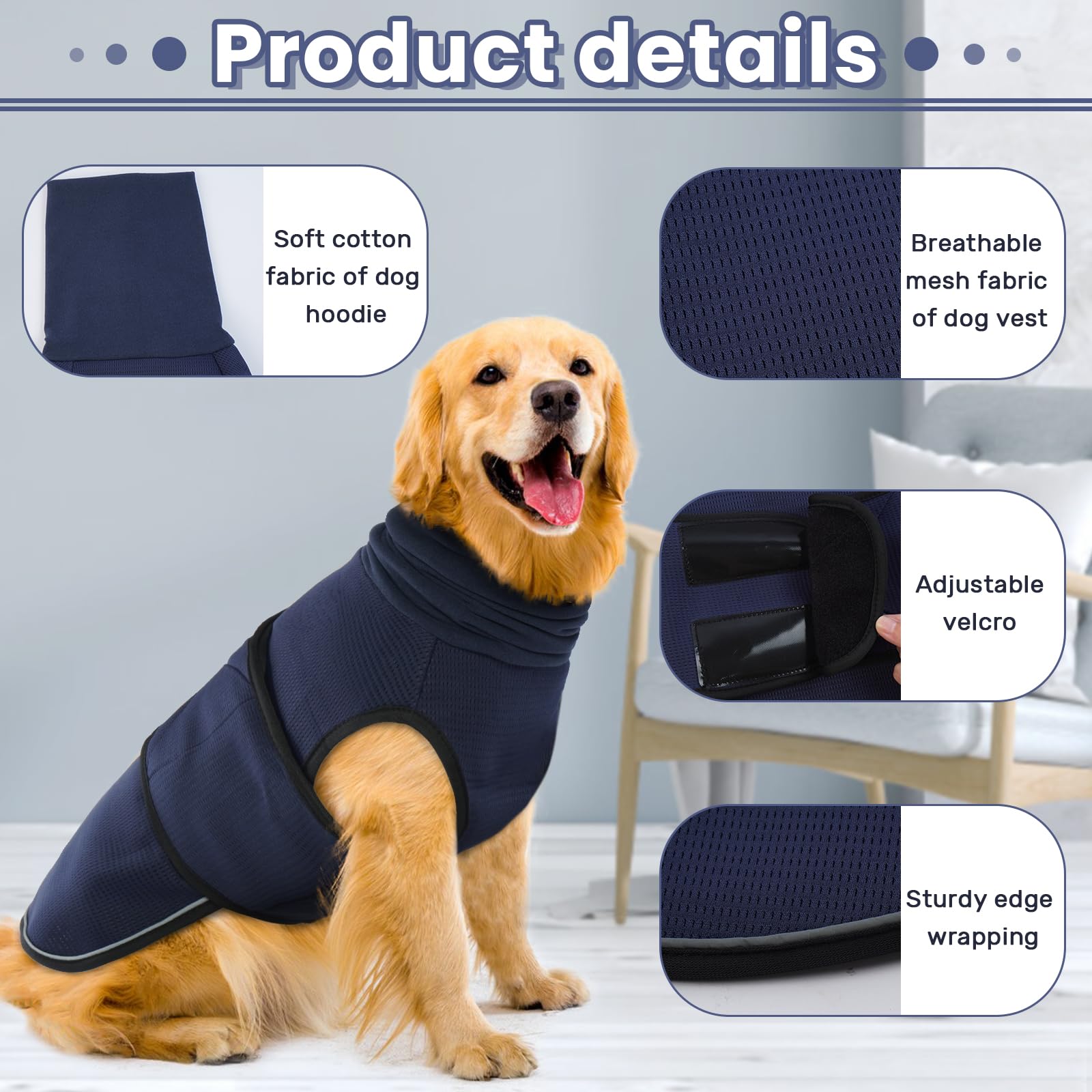 IDOMIK Anxiety Calming Hoodie for Dogs, Adjustable Vest, L, Blue, Breathable Polyester Jacket for Thunderstorms & Vet Visits