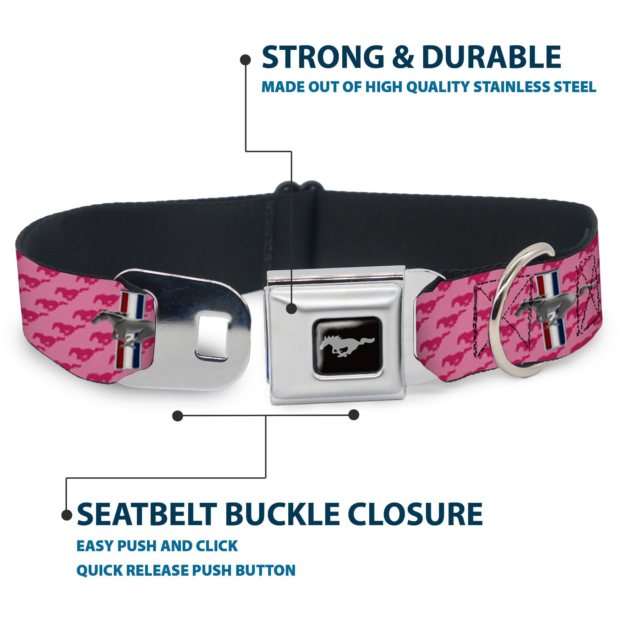 Buckle-Down Dog Collar Seatbelt Buckle Ford Mustang Bars Text Pink Logo Repeat 18 To 32 Inches 1.5 Inch Wide, Dc-Wfm010-Wl