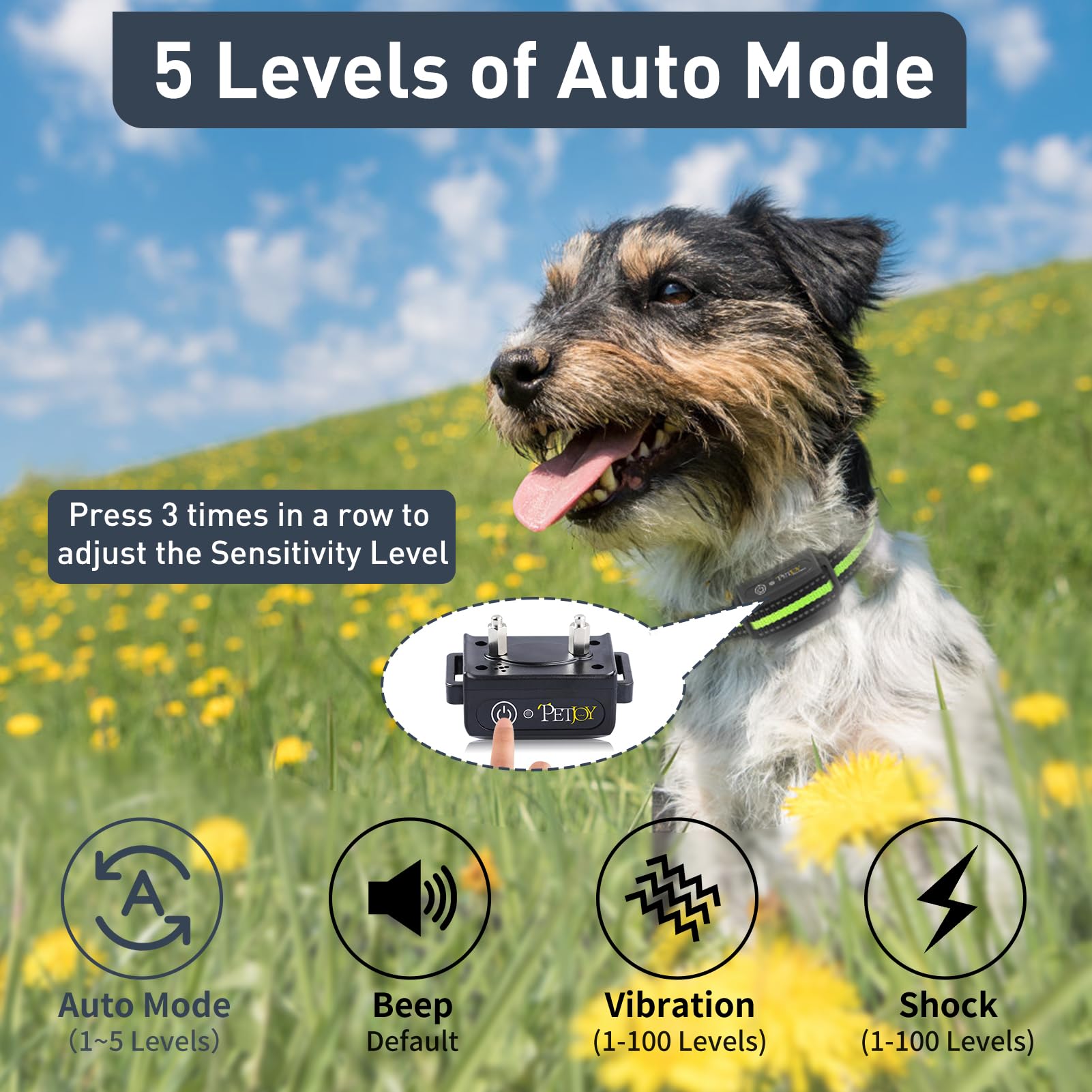 Petjoy Dog Bark Collar With Remote, Bark And Training Collar 2-In-1, Auto Bark Collar With Safe Shock (Level 1-100), Vibration (