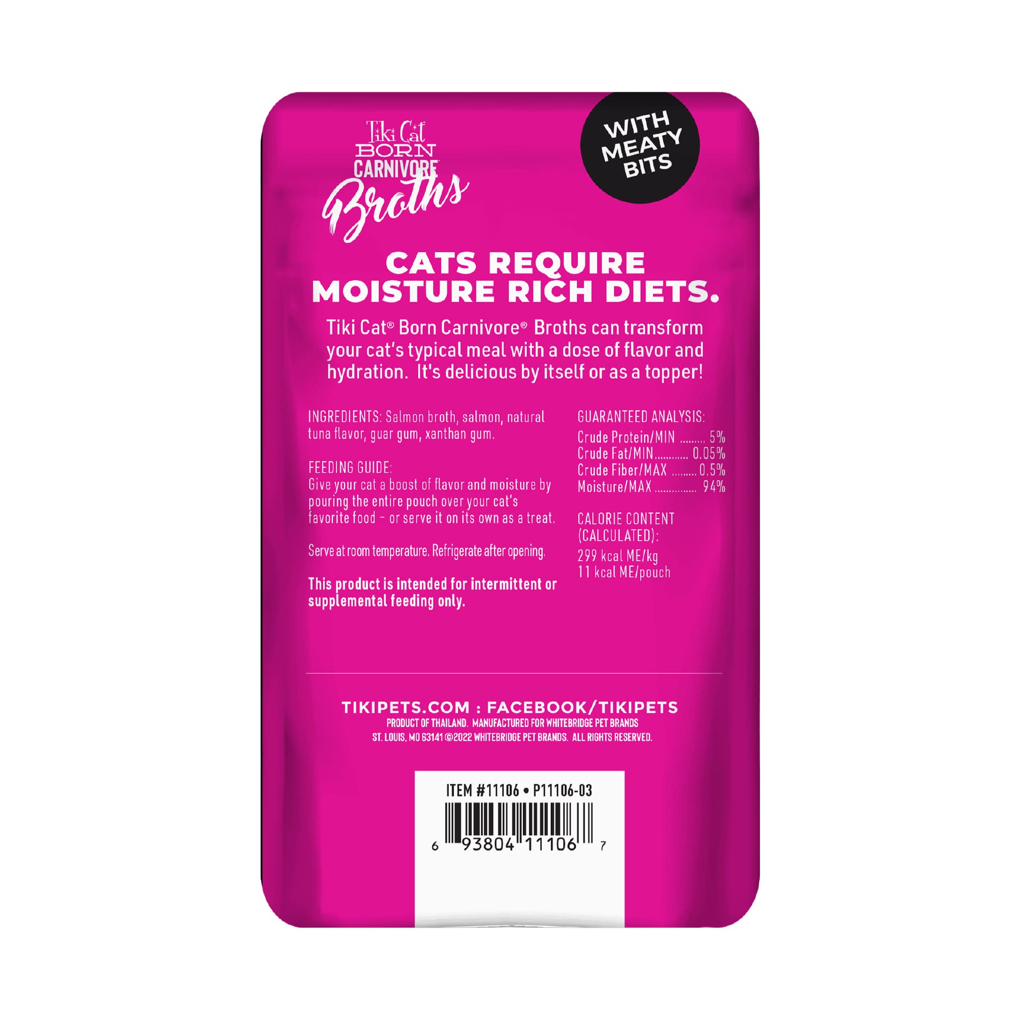 Tiki Cat Born Carnivore Broths, Salmon Recipe, Hydration and Flavor Supplement Cat Food Topper, 1.3 oz. Pouch (Pack of 12)