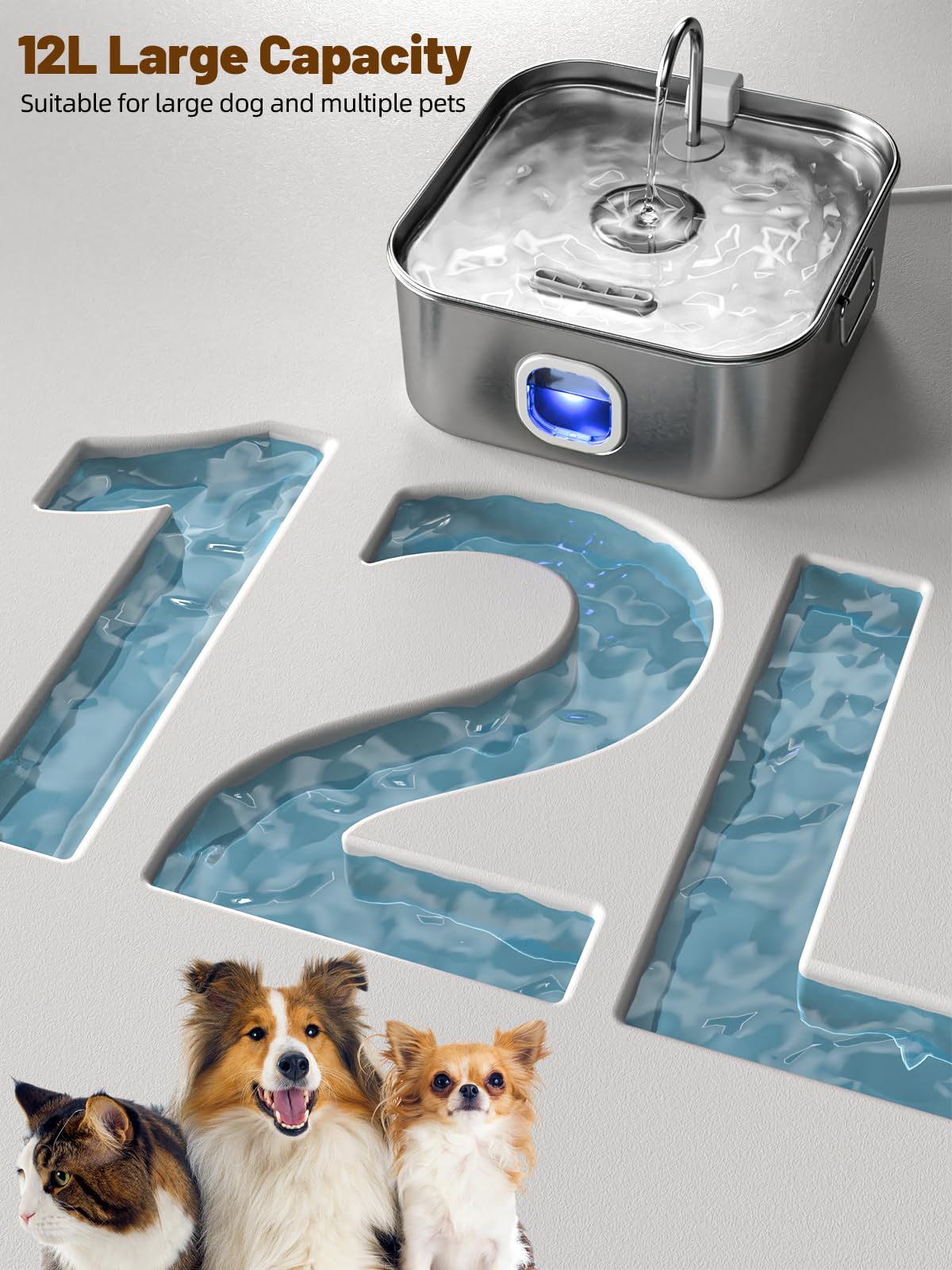 Dog Water Fountain Stainless Steel, 410Oz/3.2Gal/12L Large Pet Water Fountain For Large Dog, Dog Water Bowl Dispenser With Water