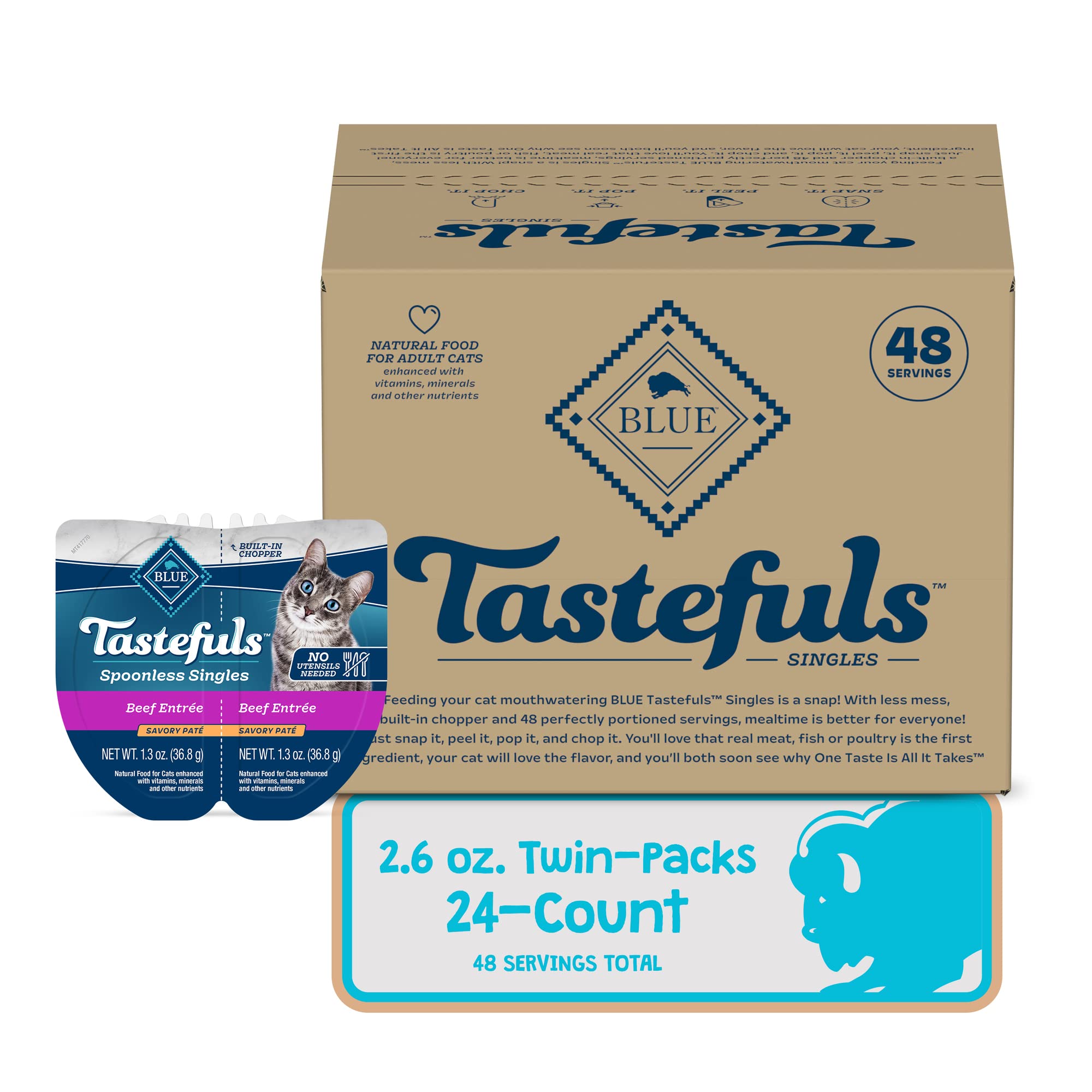 Blue Buffalo Tastefuls Spoonless Singles Natural Wet Cat Food Pat  , 2.6-oz Twin-Pack Trays, Beef Entre   (24 Count)