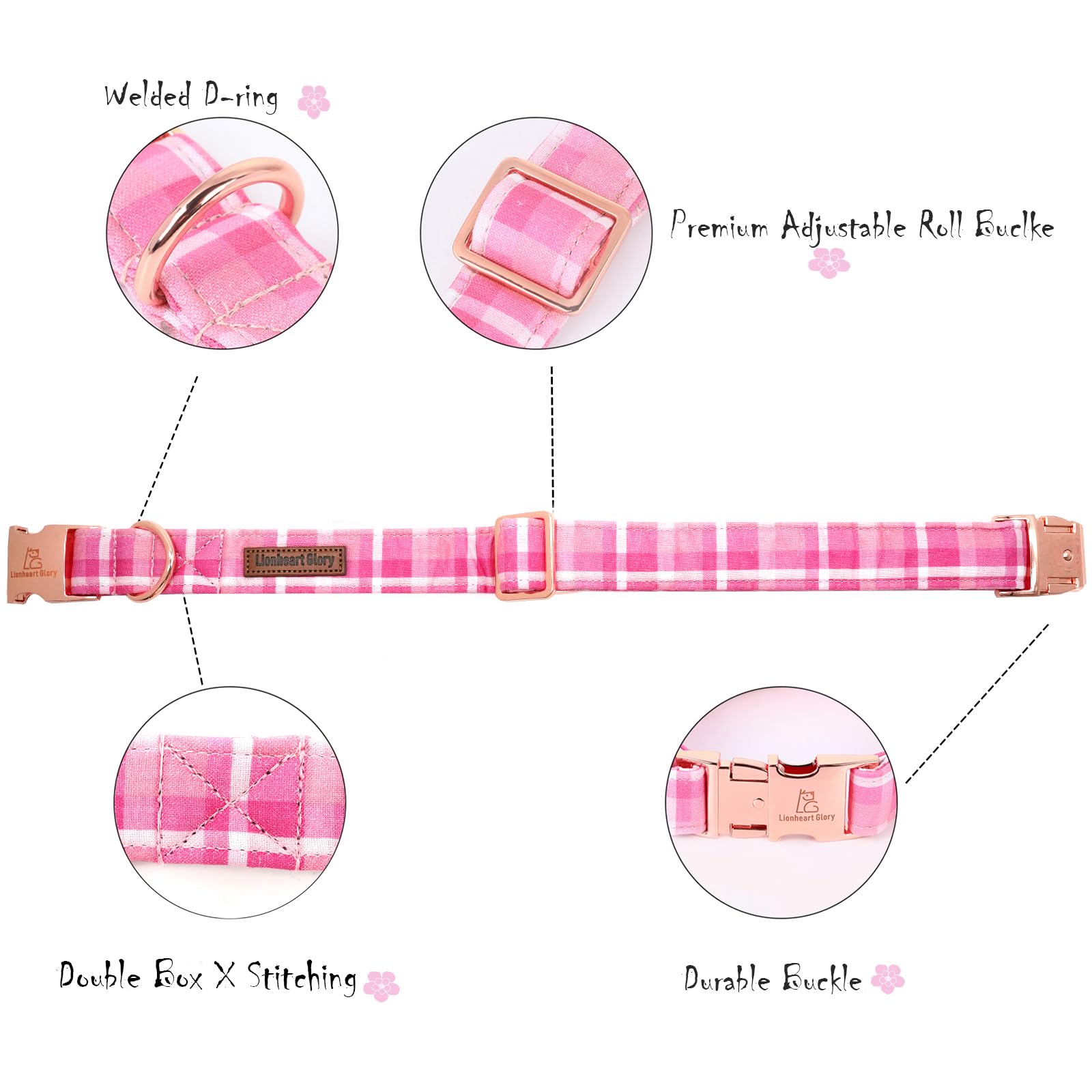 Lionheart Glory Valentine'S Day Collar, Pink Plaid Dog Collar For Medium Cute Dog Collars Spring Female Pet Gift Adjustable Heav