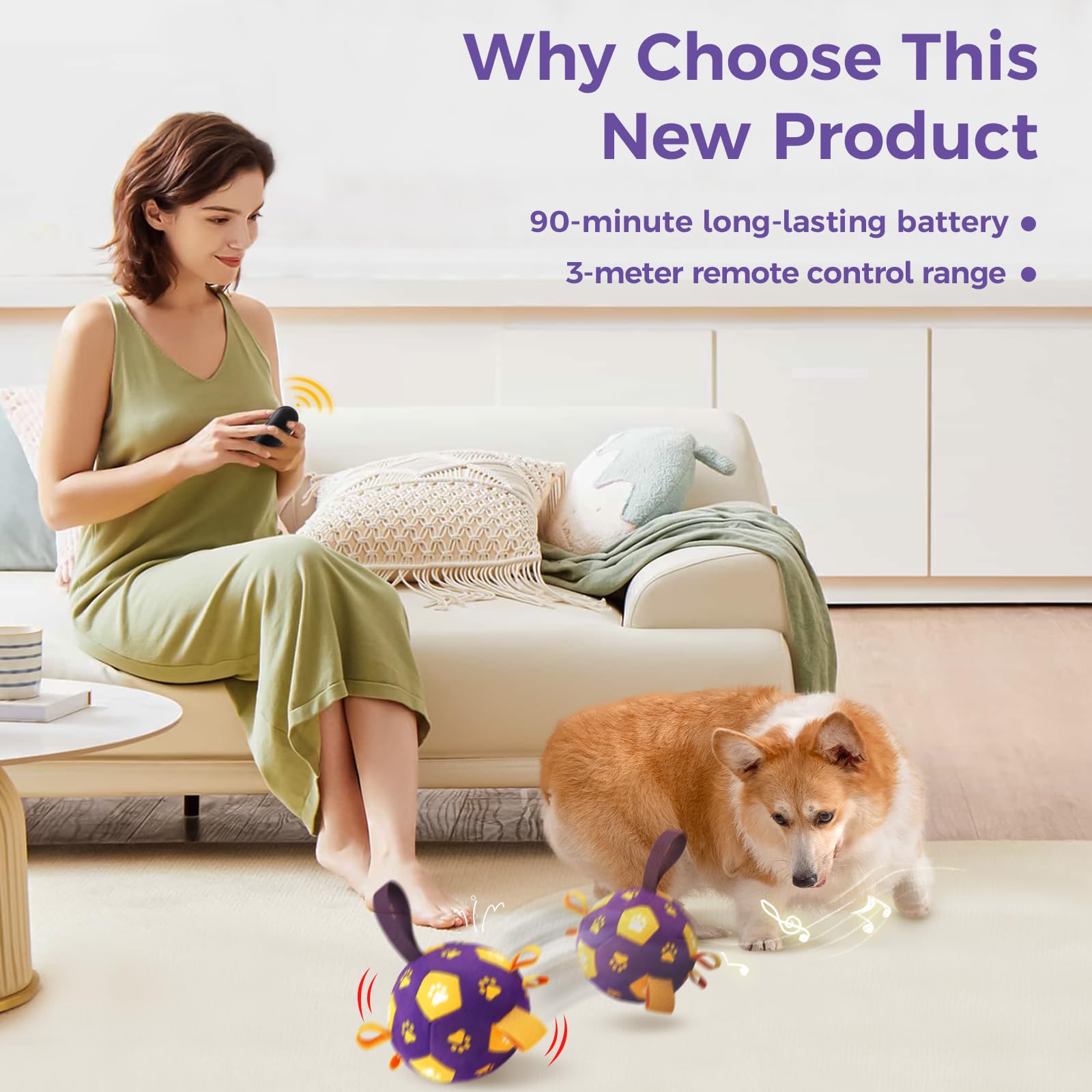 QDAN Interactive Dog Toys, Squeaky Moving Ball Toy with Remote Control, Music Modes Bouncing Ball for Dogs, Rechargeable Dog Toy