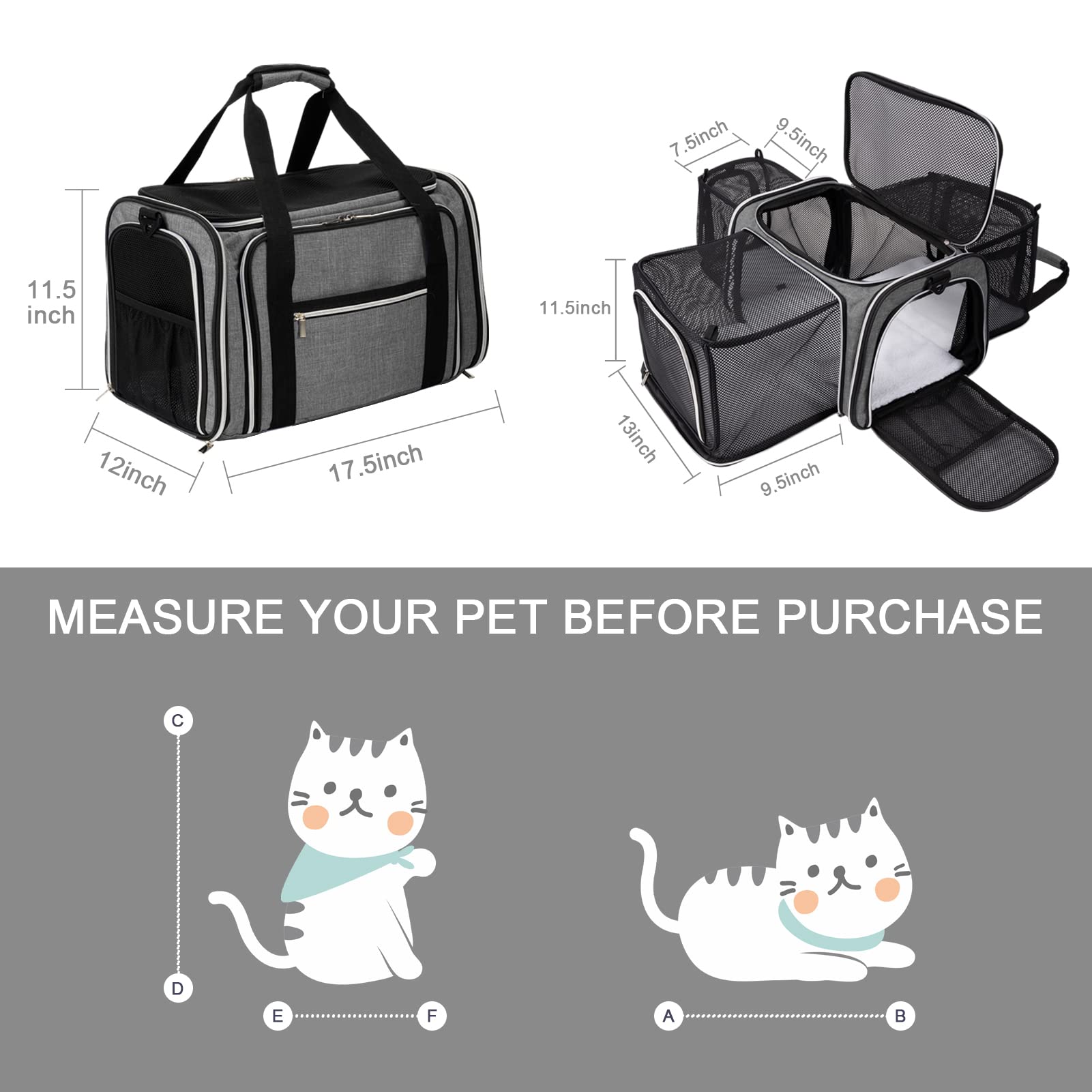 BAGLHER Cat Carrier Bag,Airline Approved Pet Carrier Soft Side Pet Travel 5 Sides Open Doors 3 Sides Expandable Foldable Dog Car