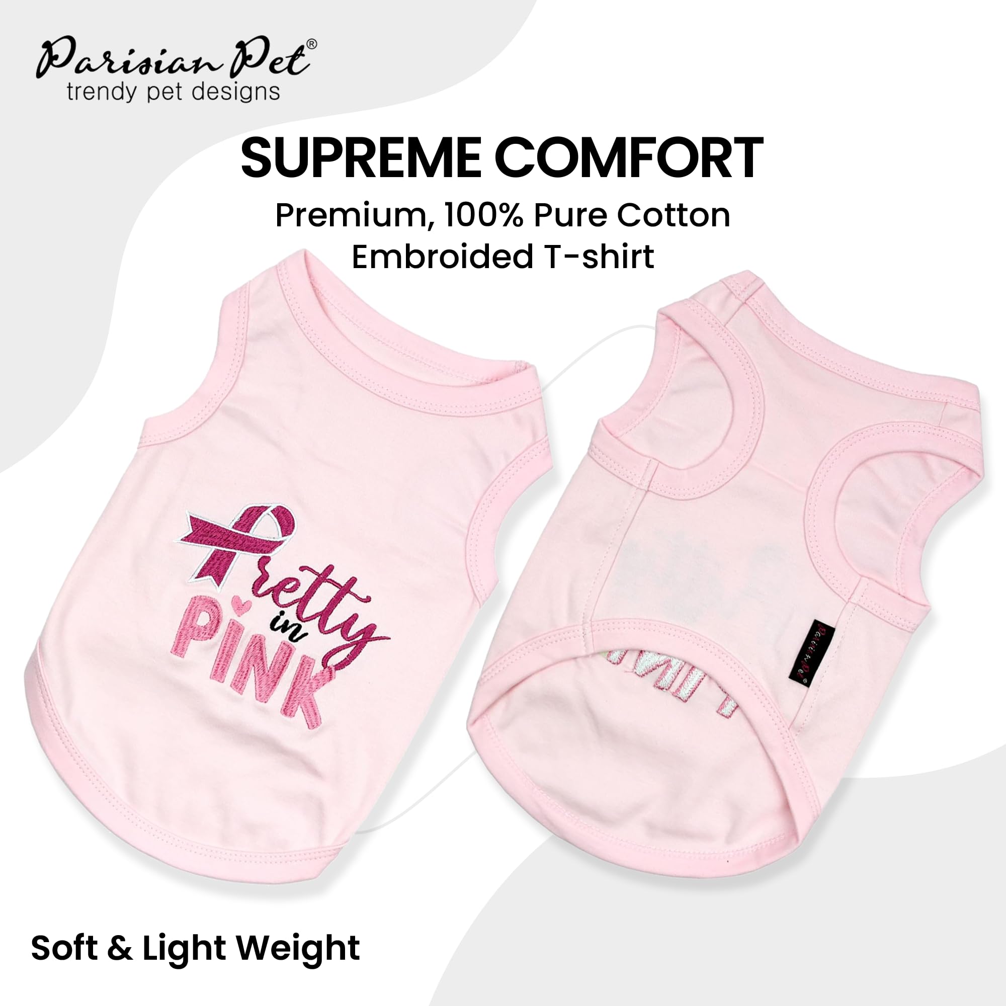 Parisian Pet Dog Tshirt - Embroidered “ Pretty In Pink “ Girl Dog Shirt - Breathable And Lightweight Dog Clothes - Sleeveless Dog Tee Shirts - Machine Washable Dog Shirt For Large Dogs - L
