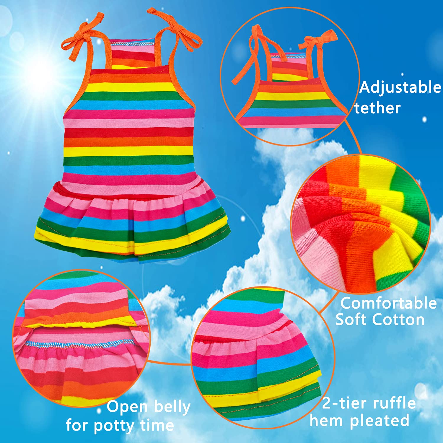 Lkex Dog Shirt Rainbow Striped Puppy Dresses Clothes Colorful Pet Sleeveless Vest T-Shirt, Summer Skirt Cute Girls Tether Dress Outfits For Small Medium Dogs Cat Top Costume Breathable Apparel Xs